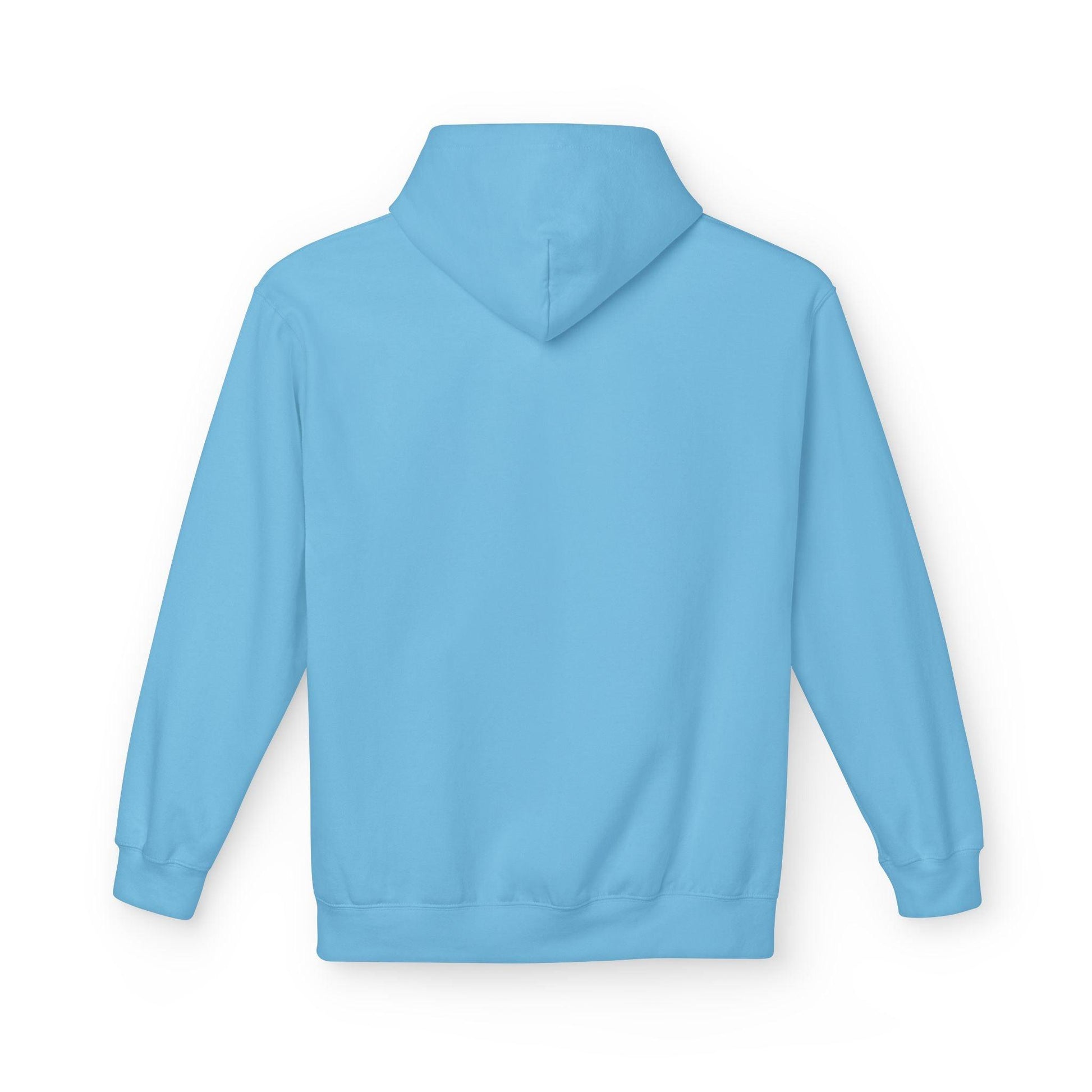 back of sky blue pocket print hoodie