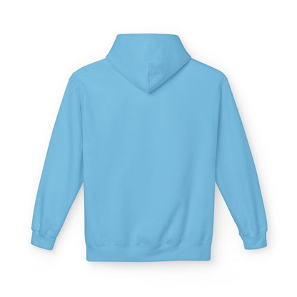 back of sky blue pocket print hoodie