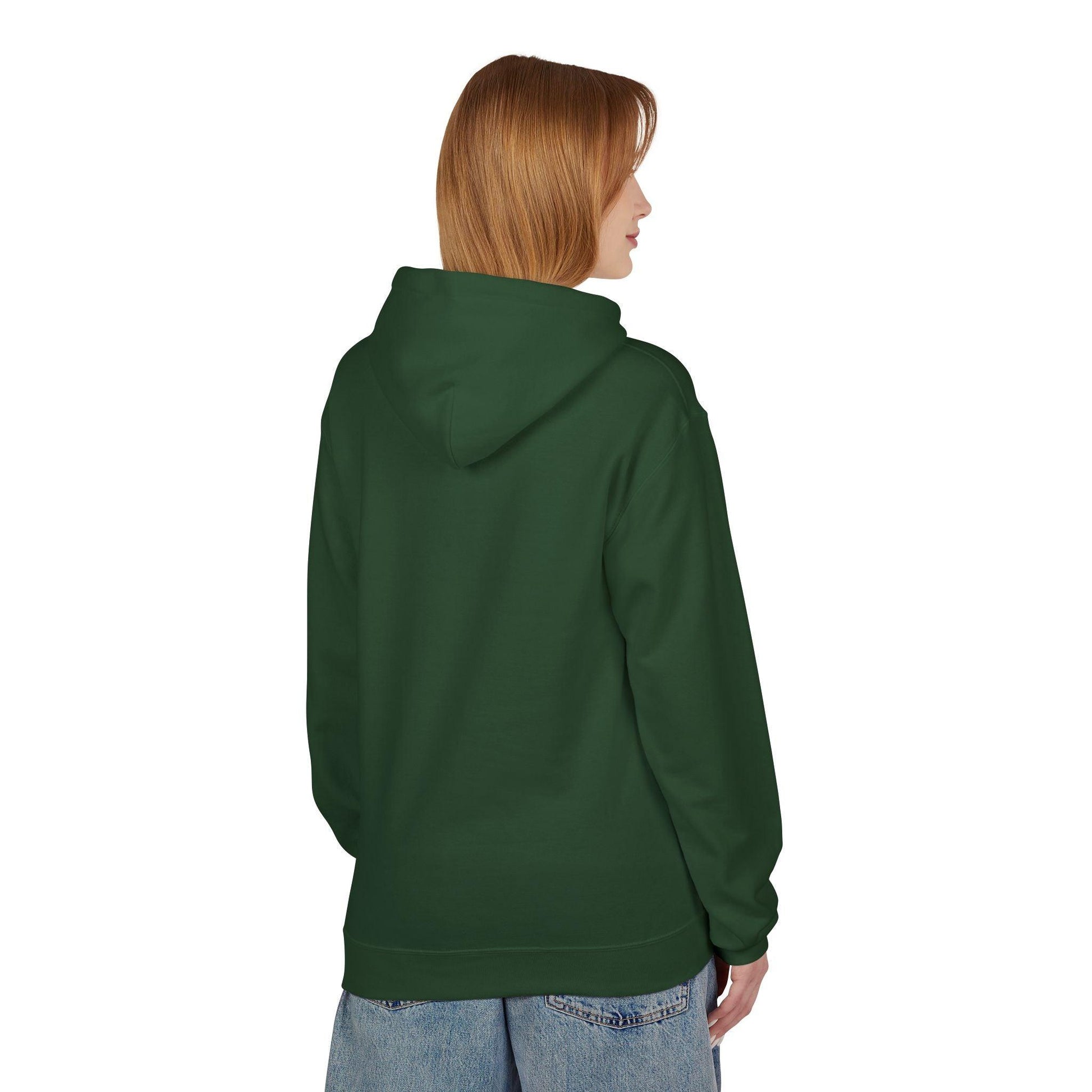 back of woman wearing evergreen air jesus hoodie