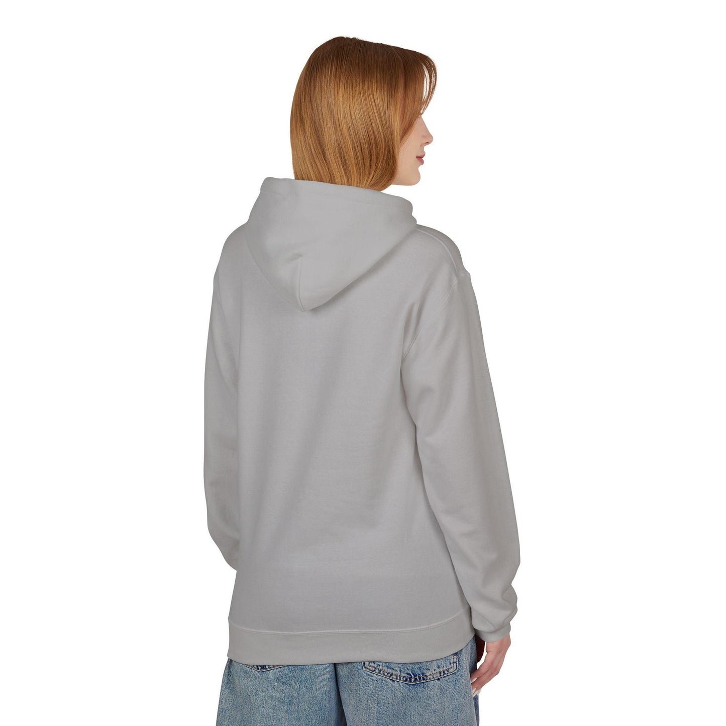 back of woman wearing grey air jesus hoodie