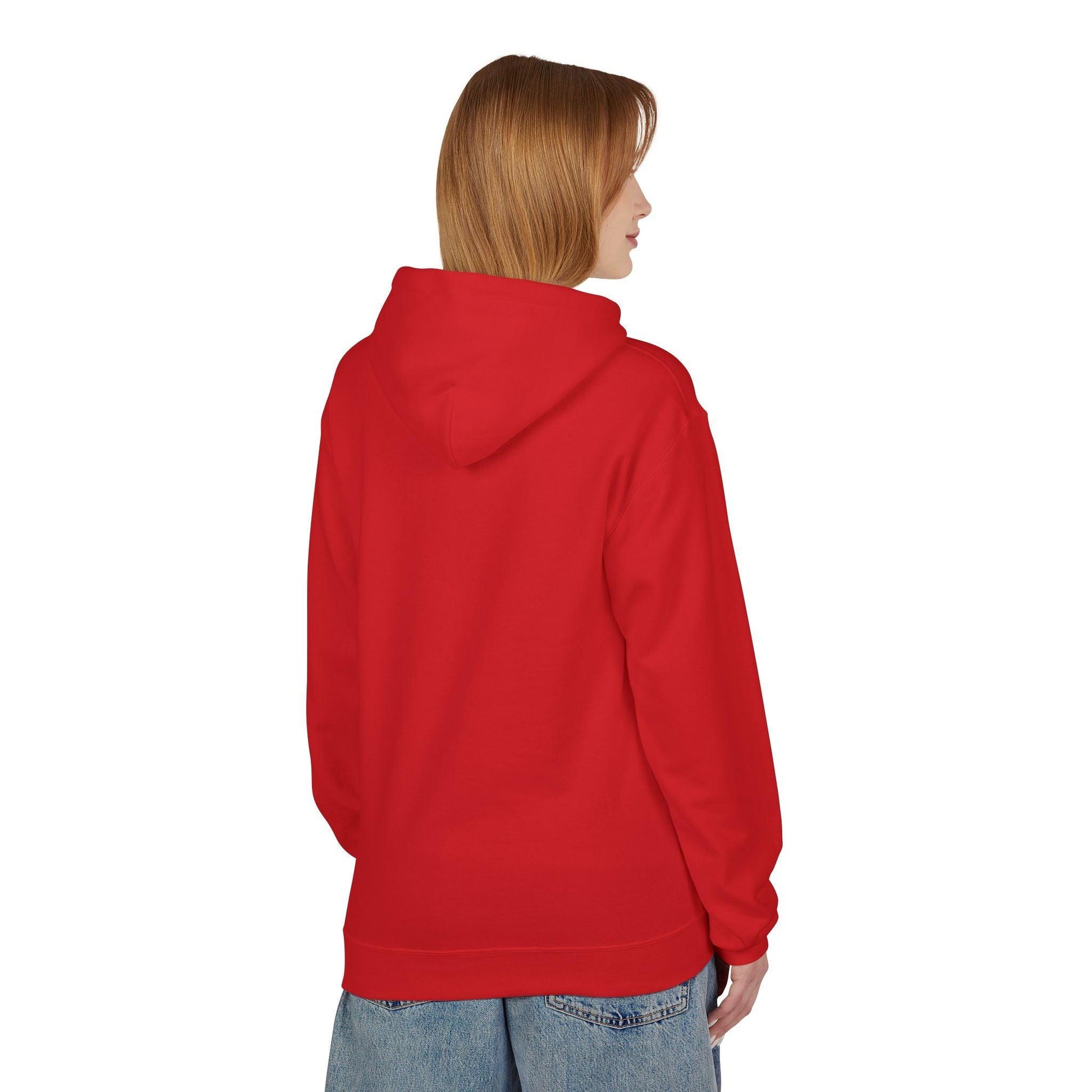 back of woman wearing red air jesus hoodie