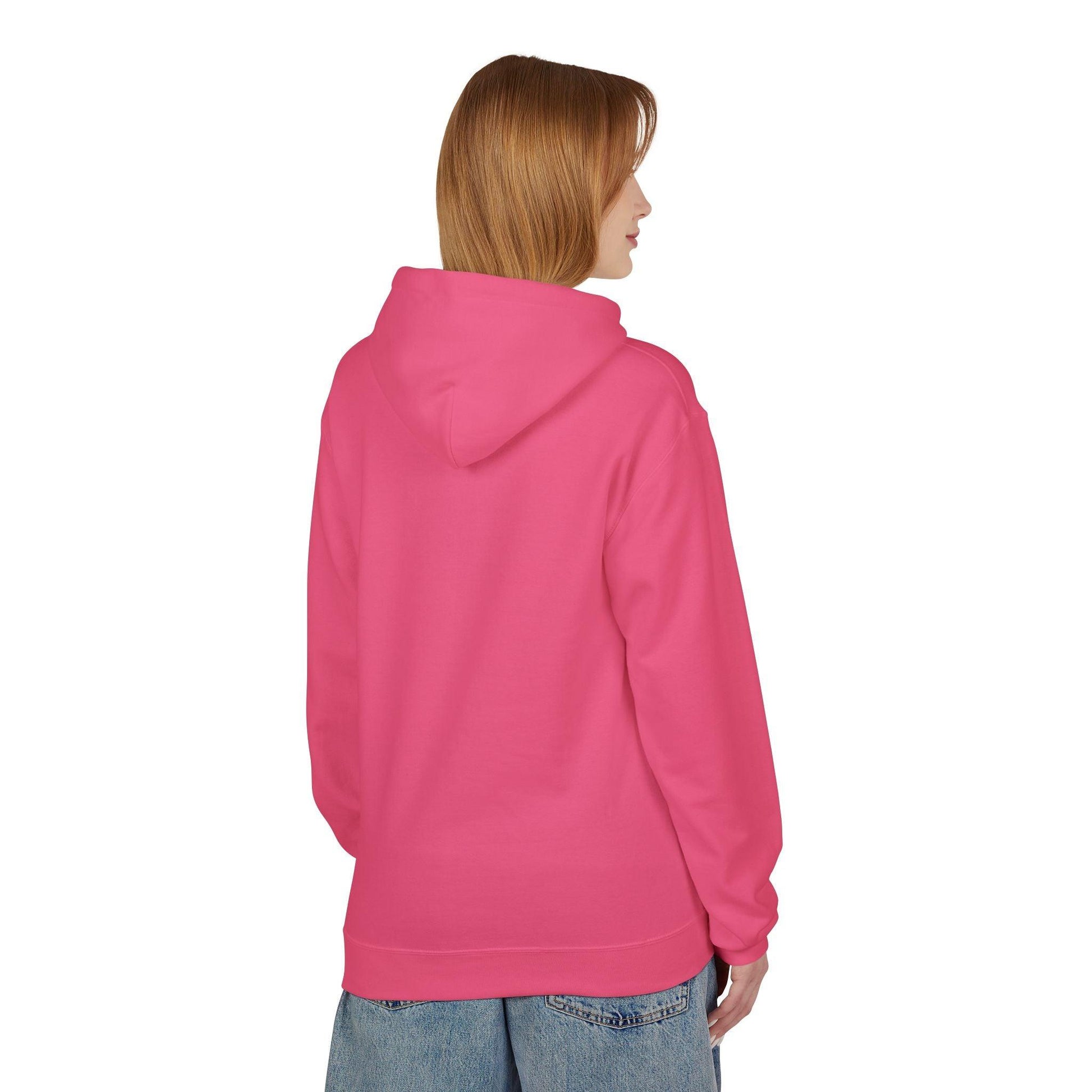 back of woman wearing pink left pocket print hoodie