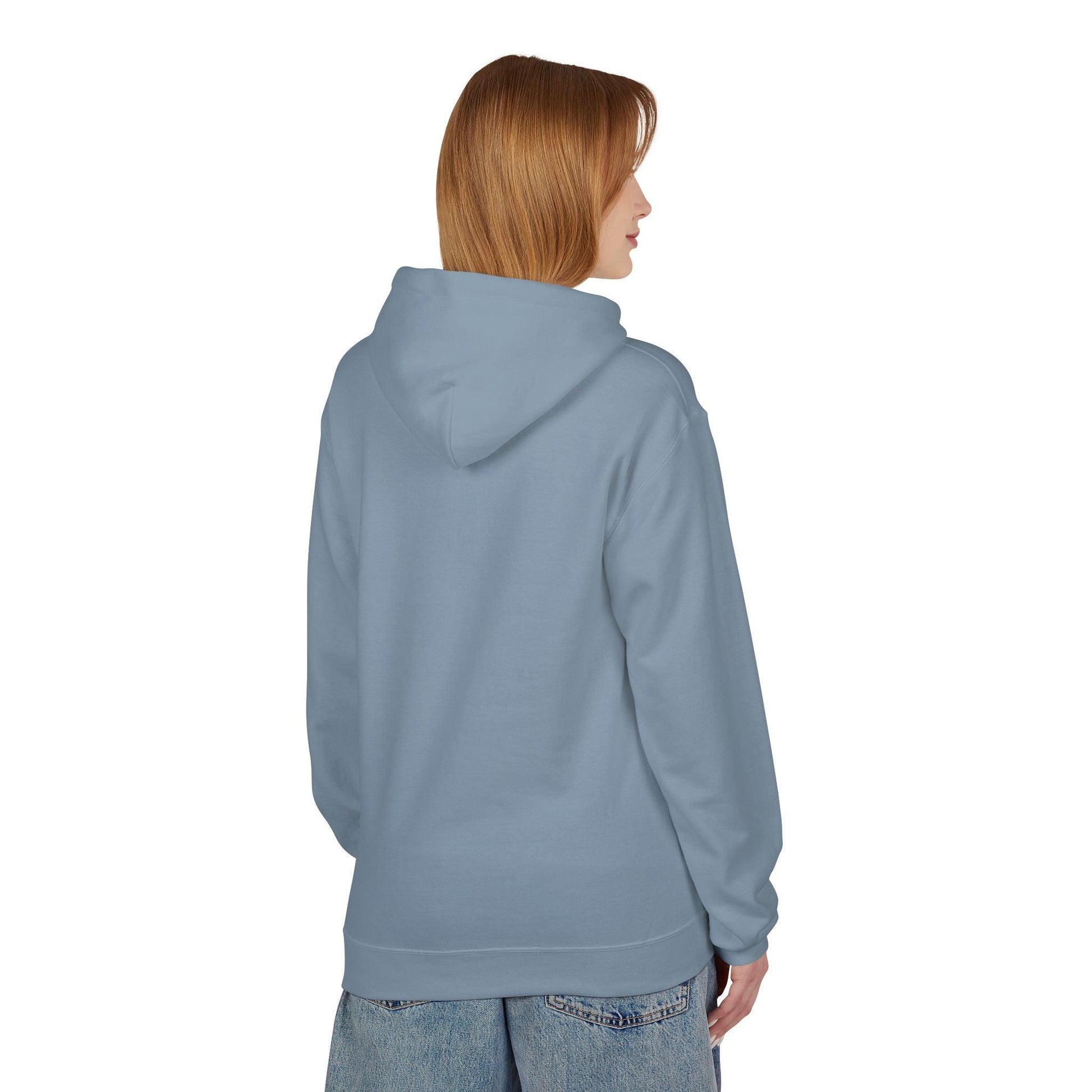 back of woman wearing regent gray left pocket print hoodie