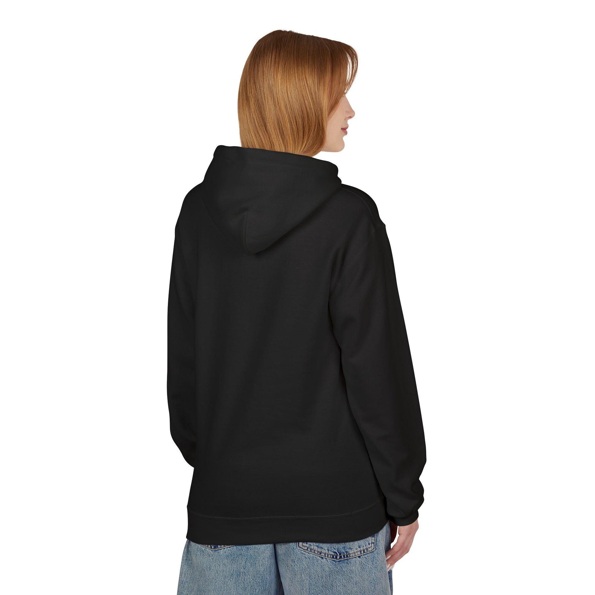 back of woman wearing black pocket print hoodie