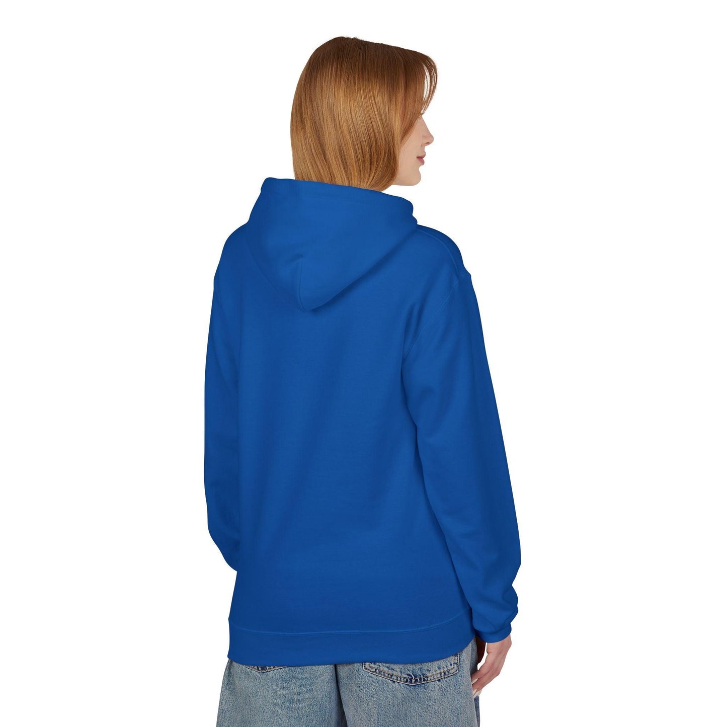 back of woman wearing blue pocket print hoodie 