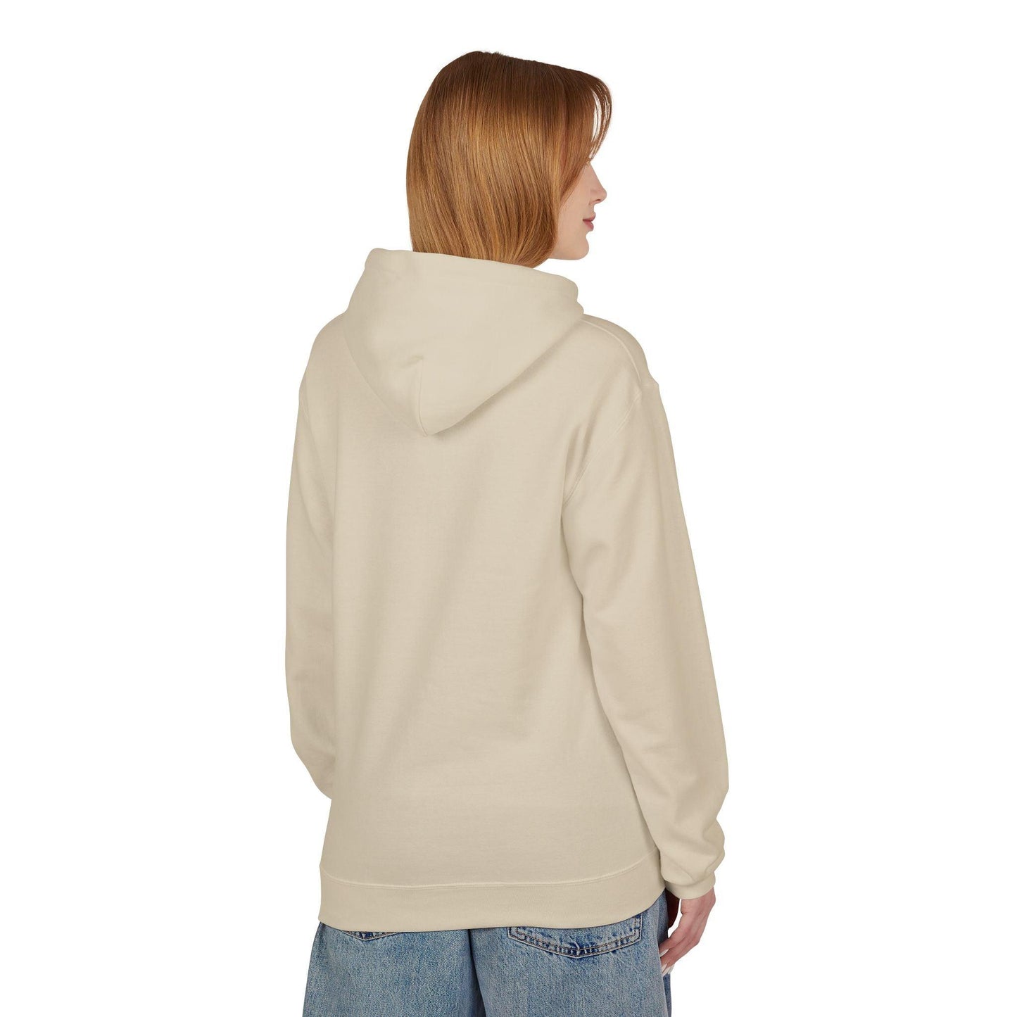 back of woman wearing creme pocket print hoodie 