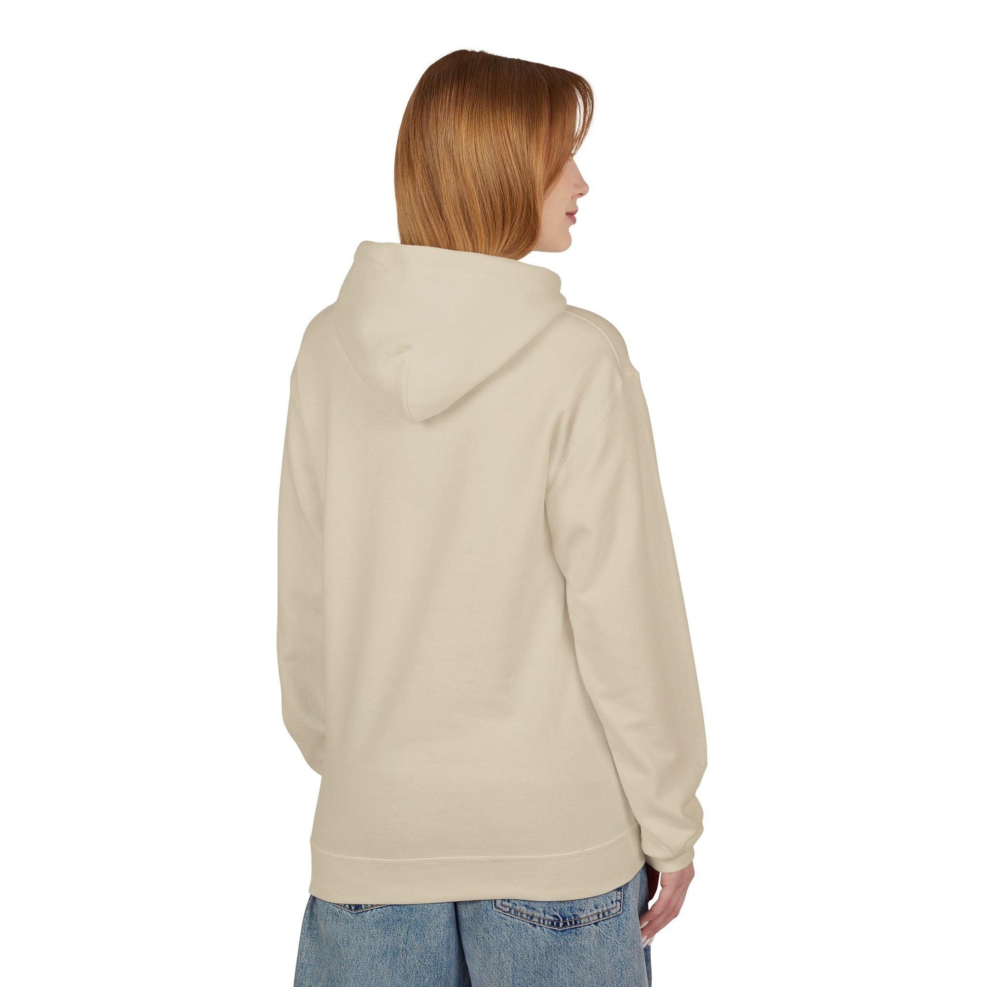 back of woman wearing creme pocket print hoodie 