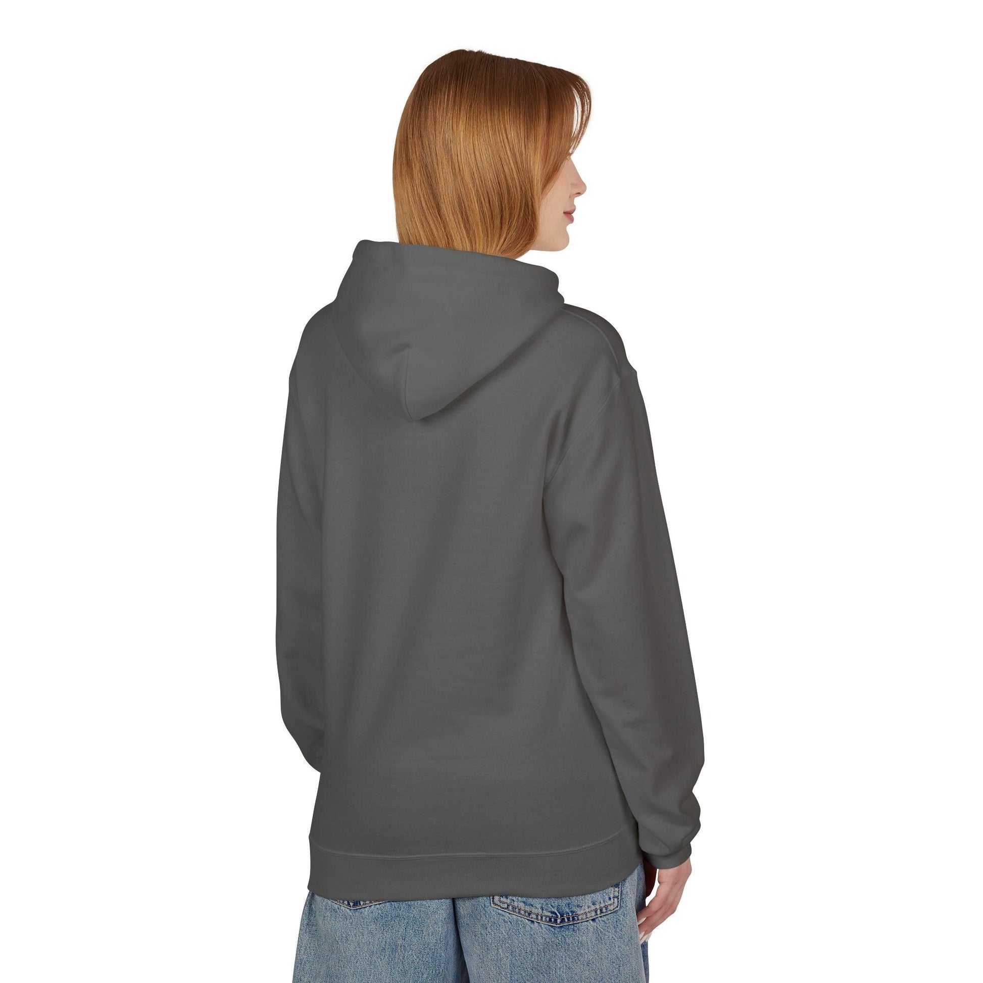 back of woman wearing grey pocket print hoodie 