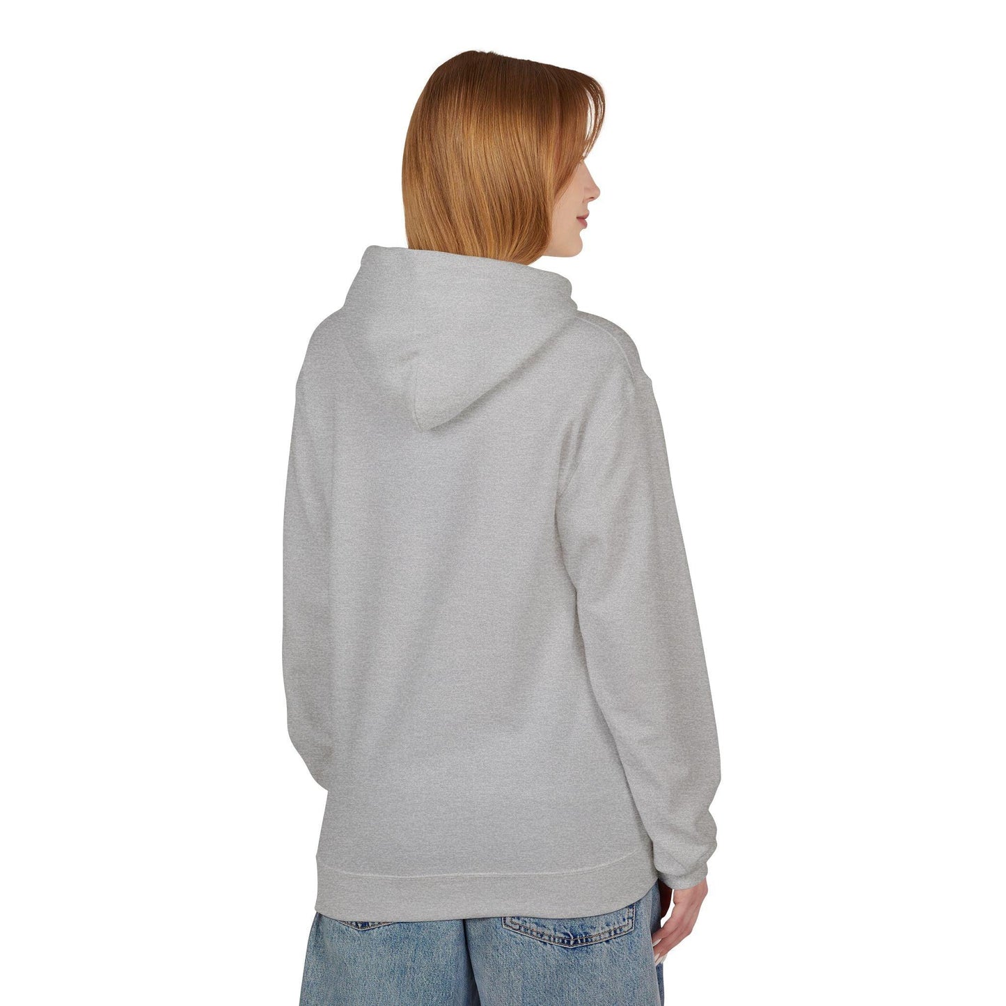 back of woman wearing light grey pocket print hoodie
