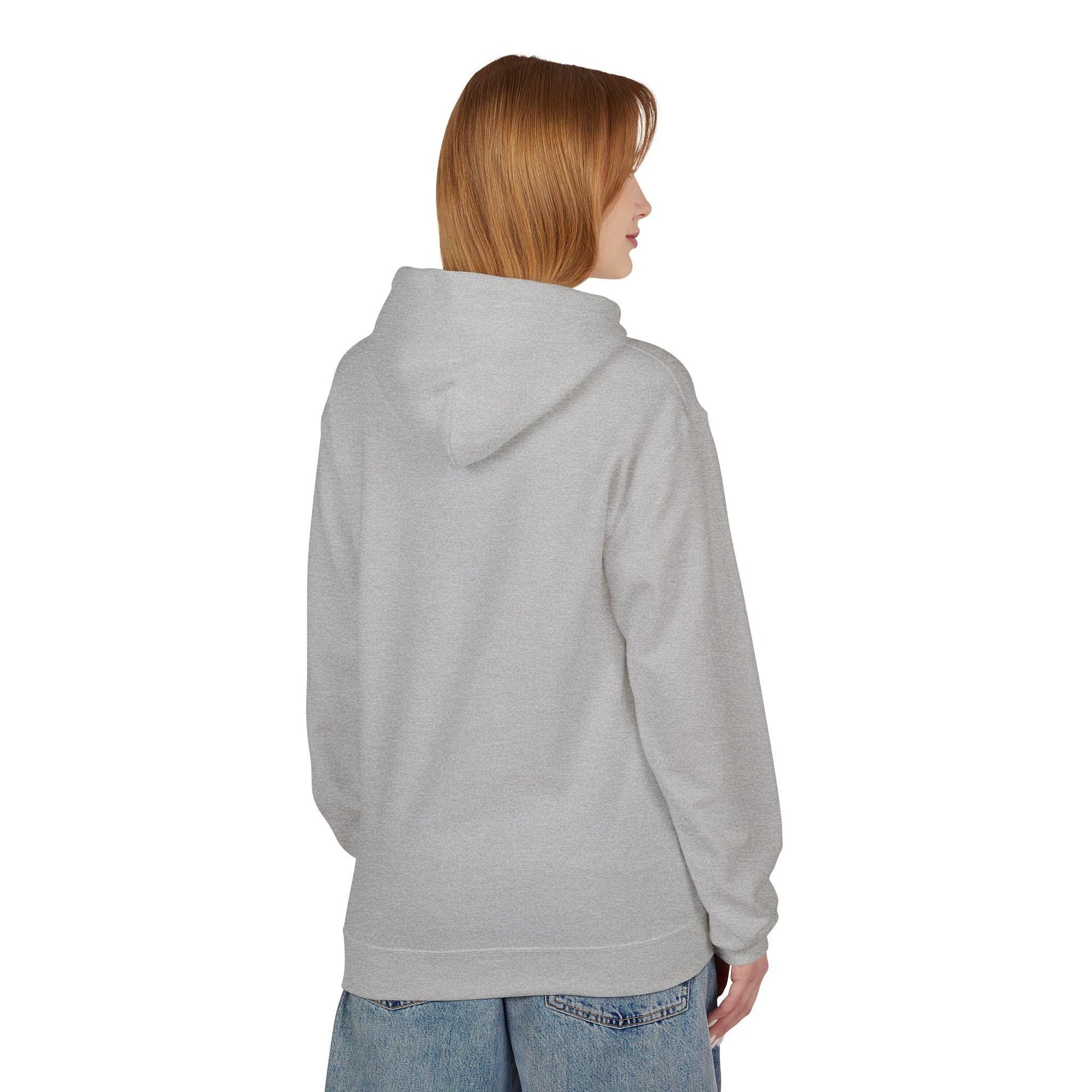 back of woman wearing light grey pocket print hoodie