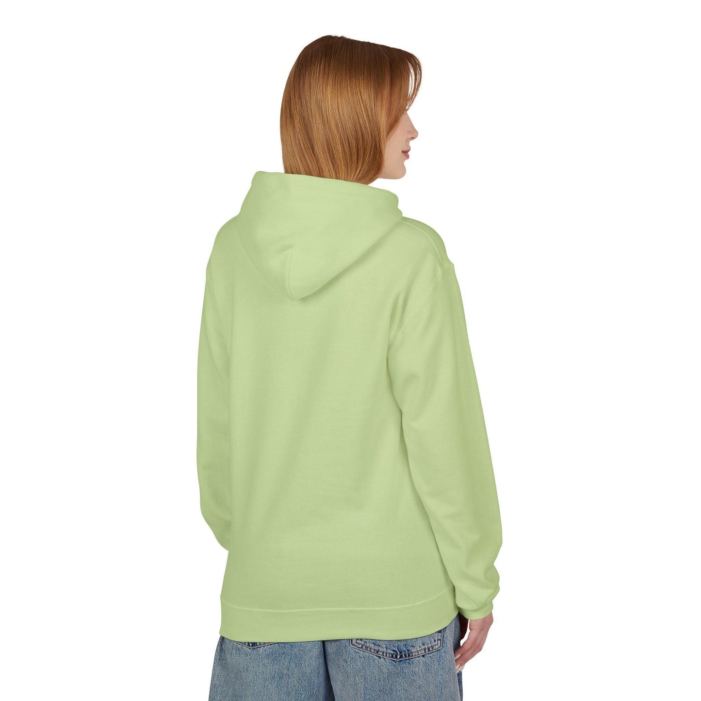 back of woman wearing lime green pocket print hoodie
