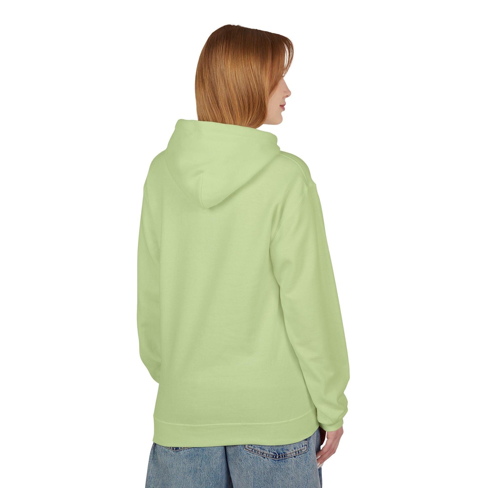 back of woman wearing lime green pocket print hoodie