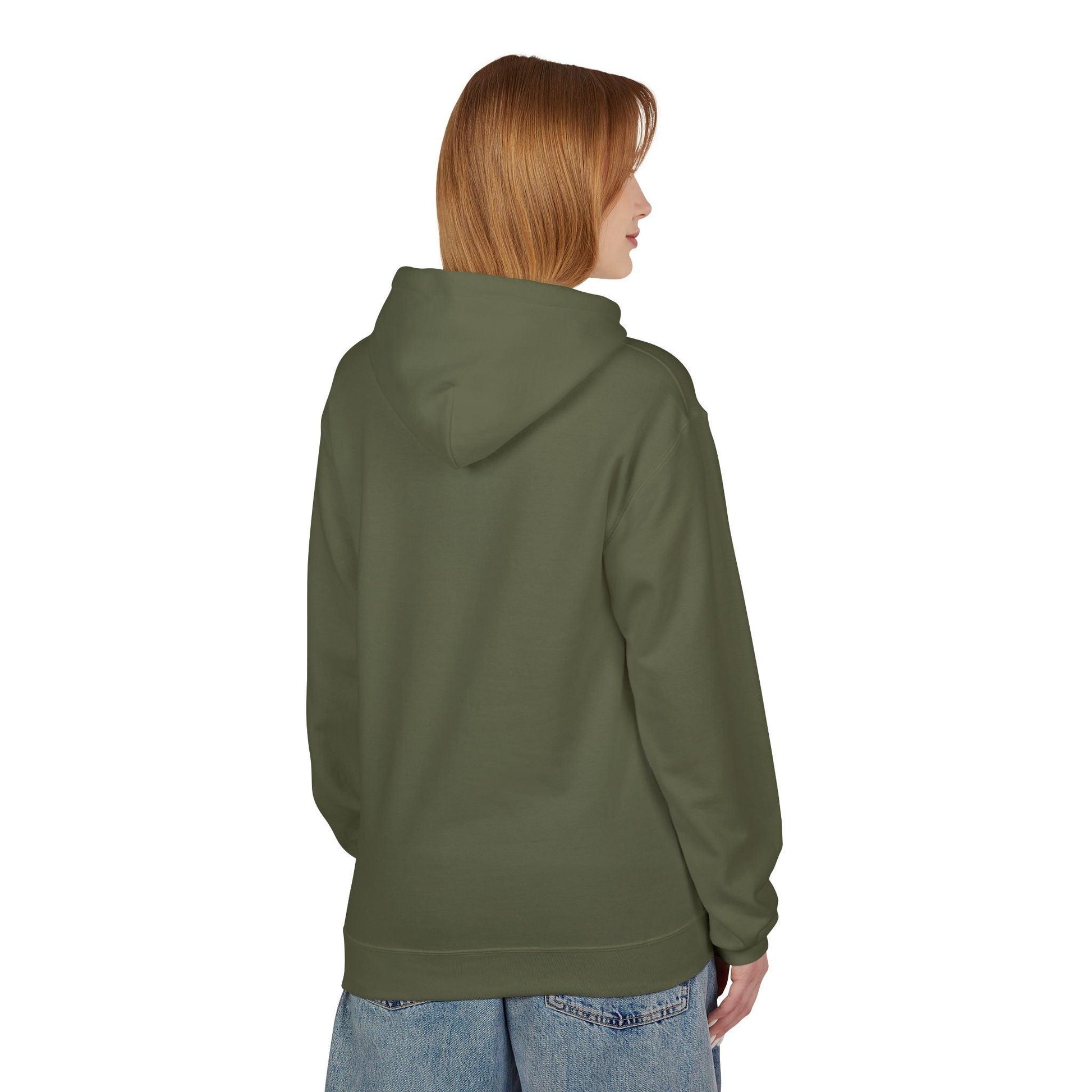 back of woman wearing olive green pocket print hoodie