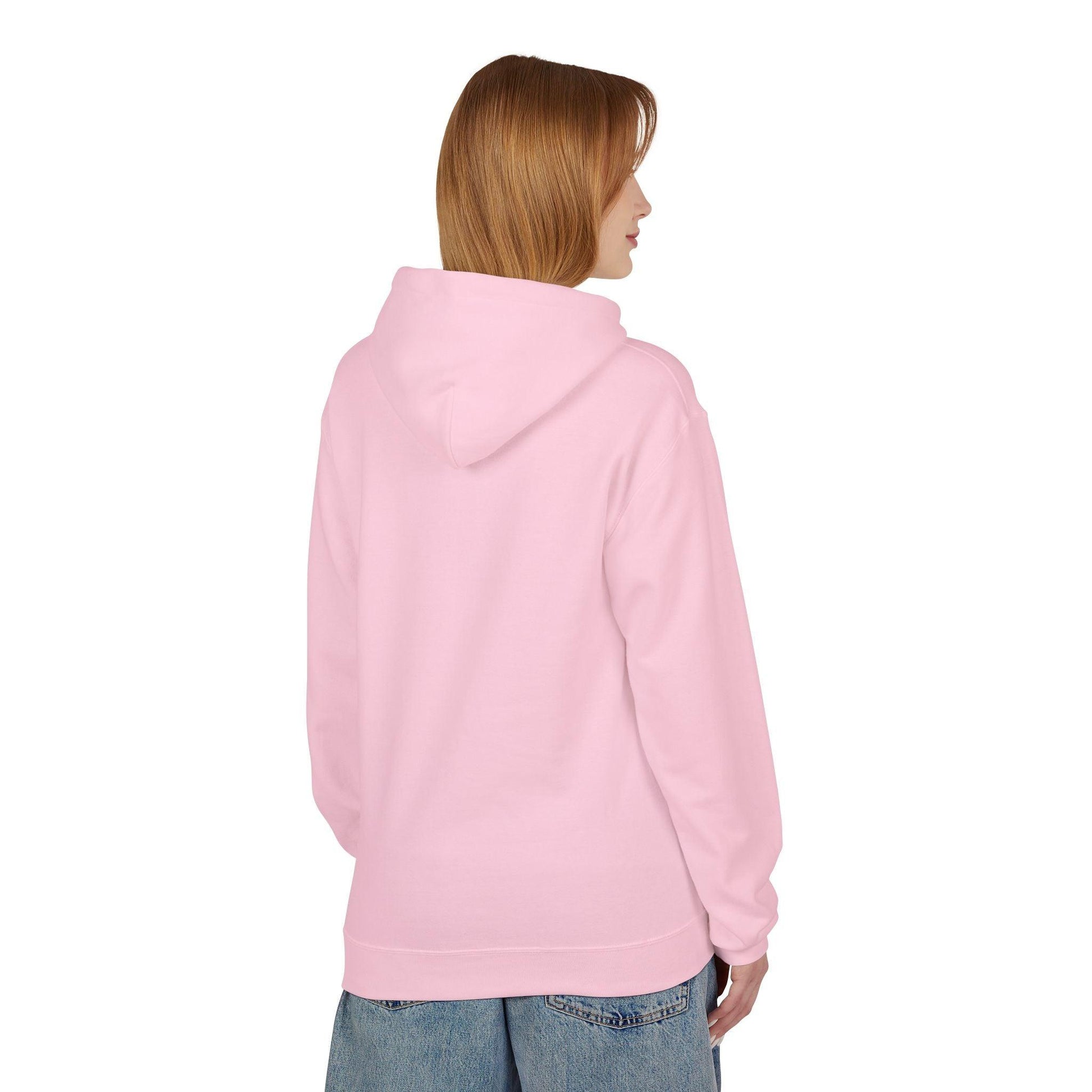 back of woman wearing pink pocket print hoodie
