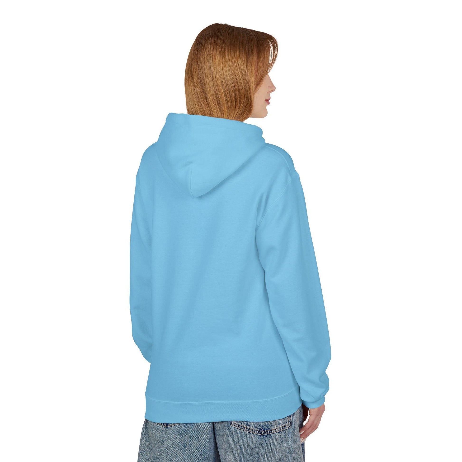 back of woman wearing sky blue pocket print hoodie