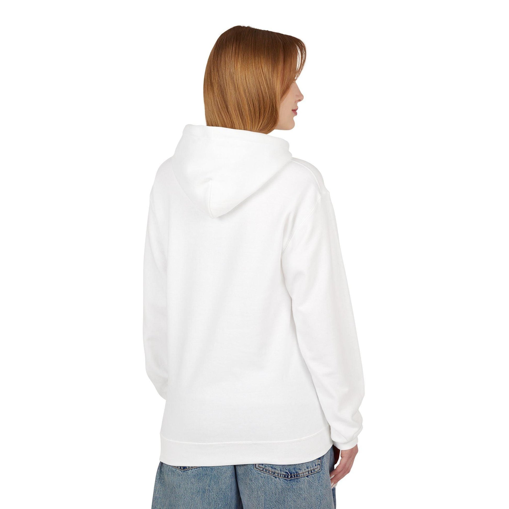 back of woman wearing white pocket print hoodie