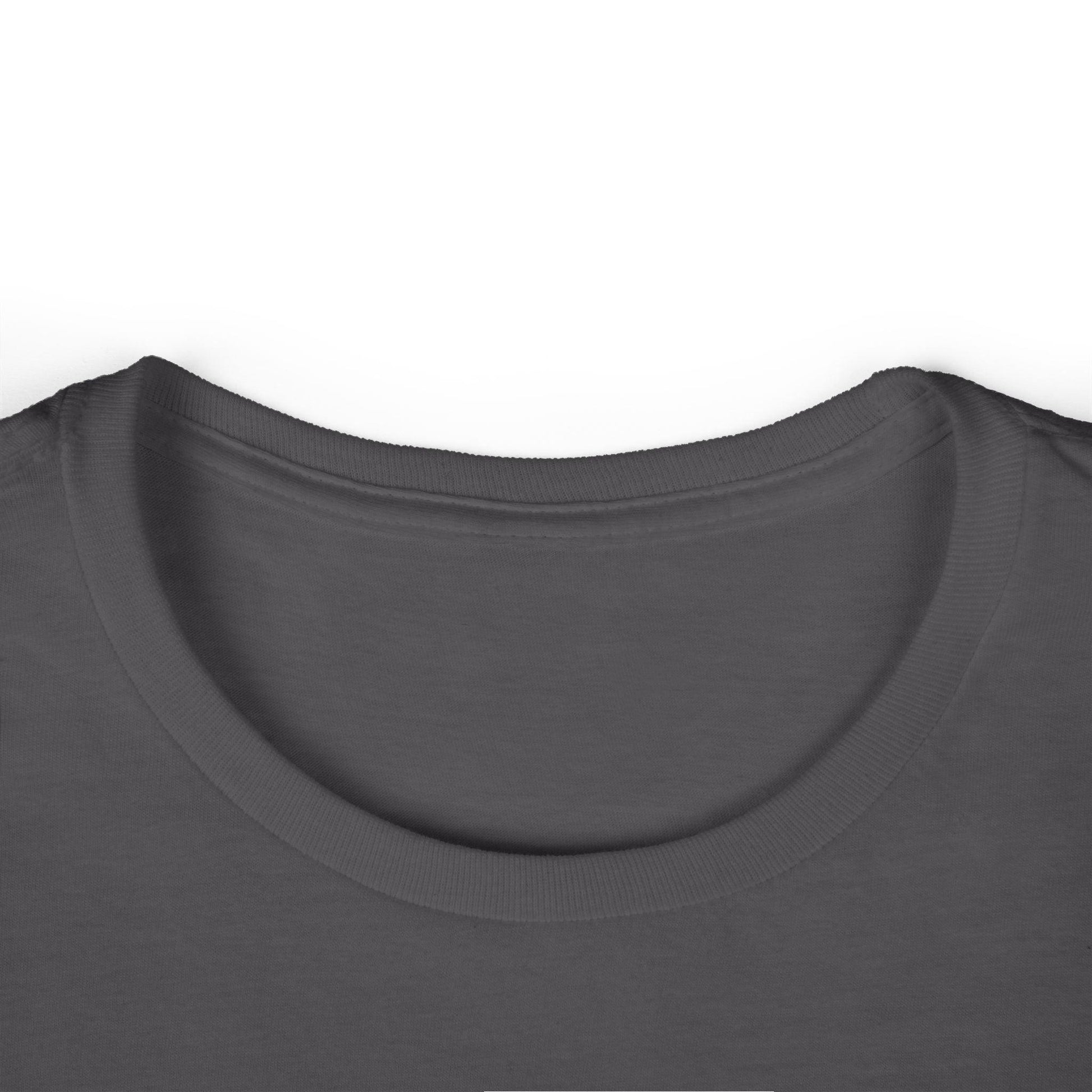 collar of dark grey women's graphic t-shirt 