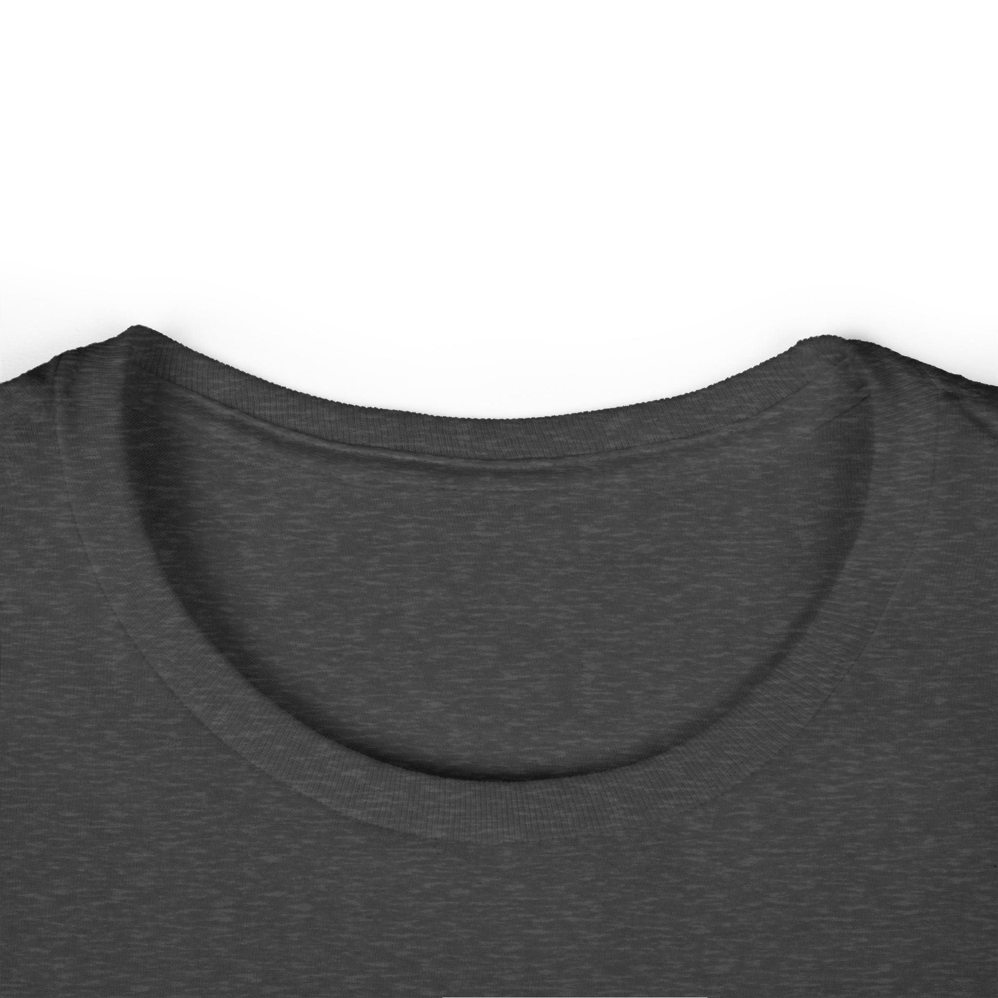 collar of dark grey front print women's graphic tee
