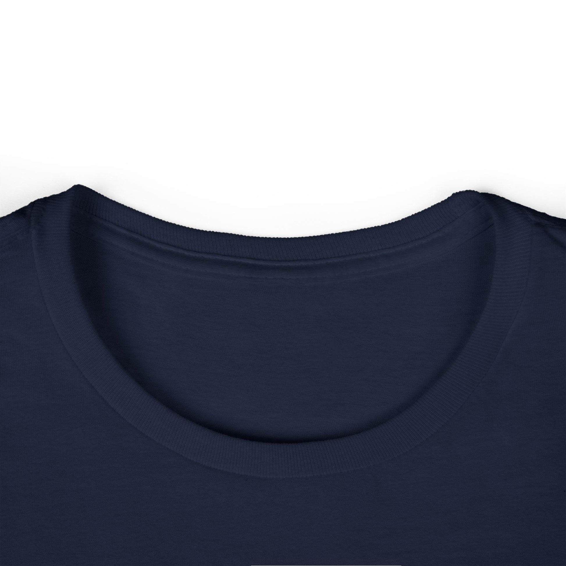 collar of navy blue front print women's graphic tee