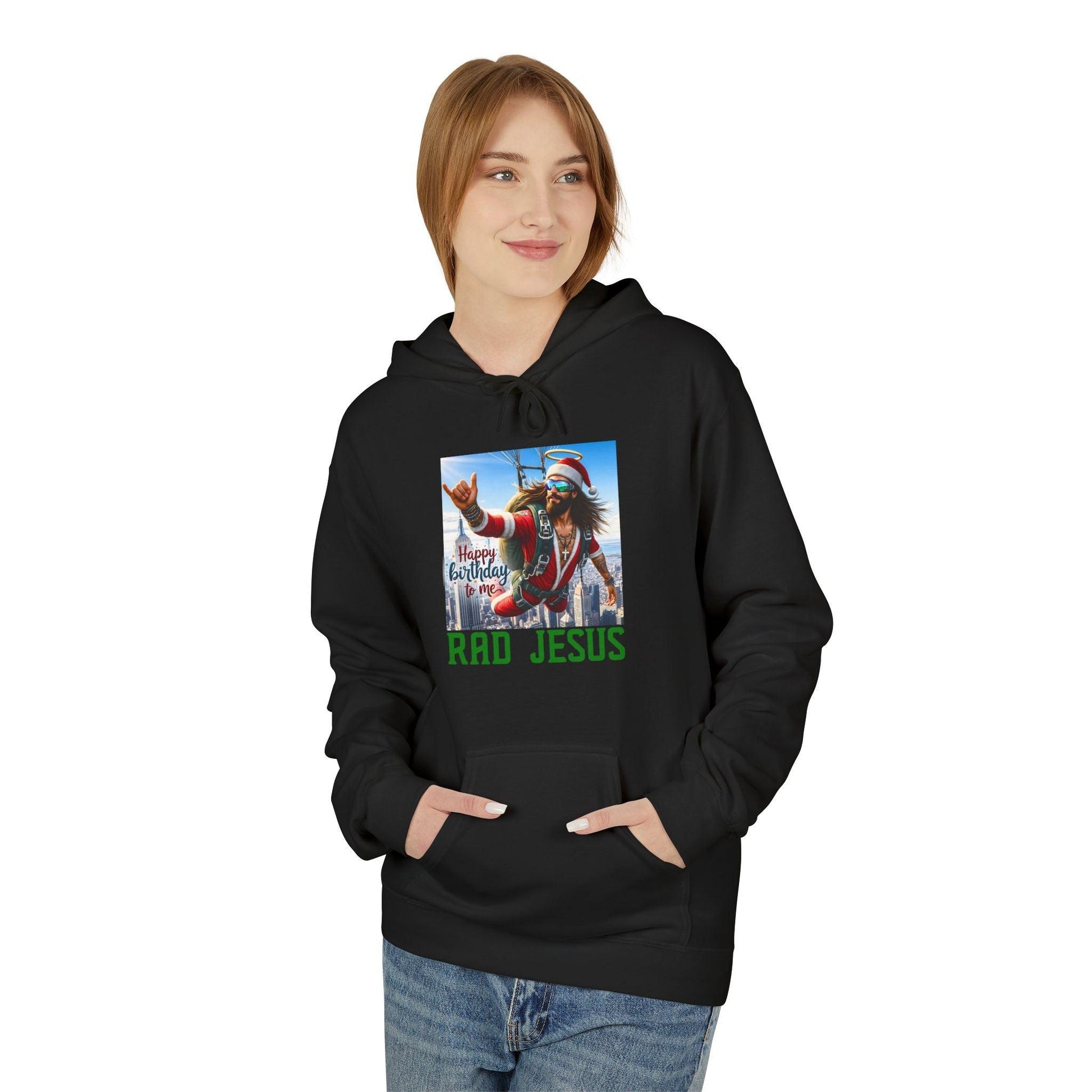 front of woman wearing black air jesus hoodie