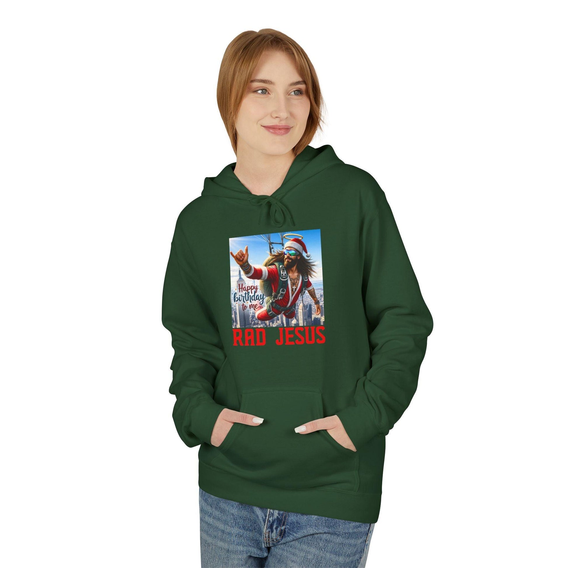 front of woman wearing evergreen air jesus hoodie