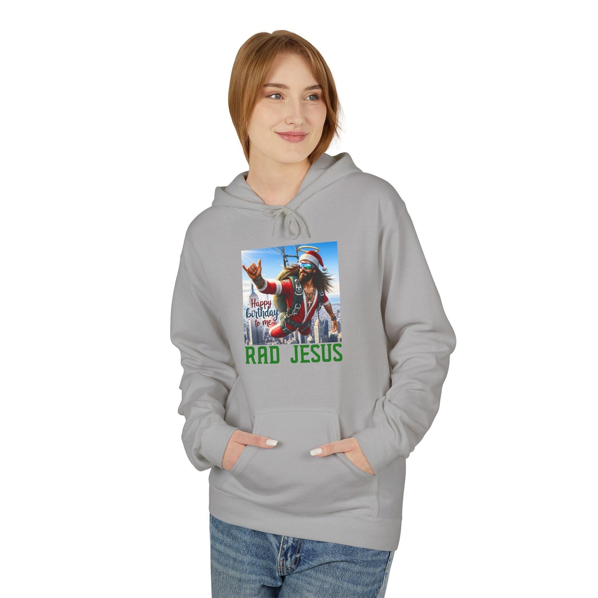 front of woman wearing grey air jesus hoodie