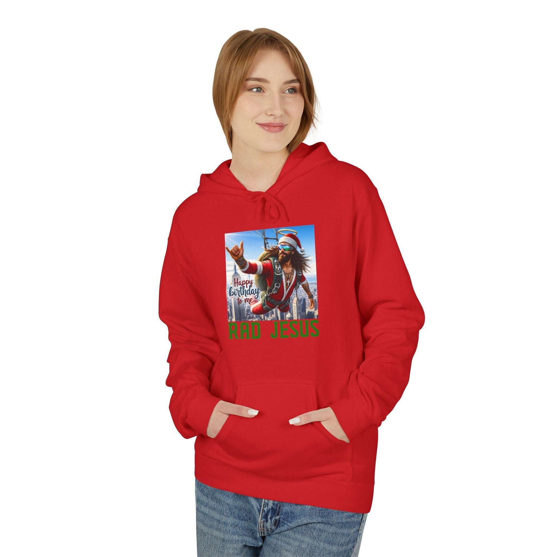 front of woman wearing red air jesus hoodie