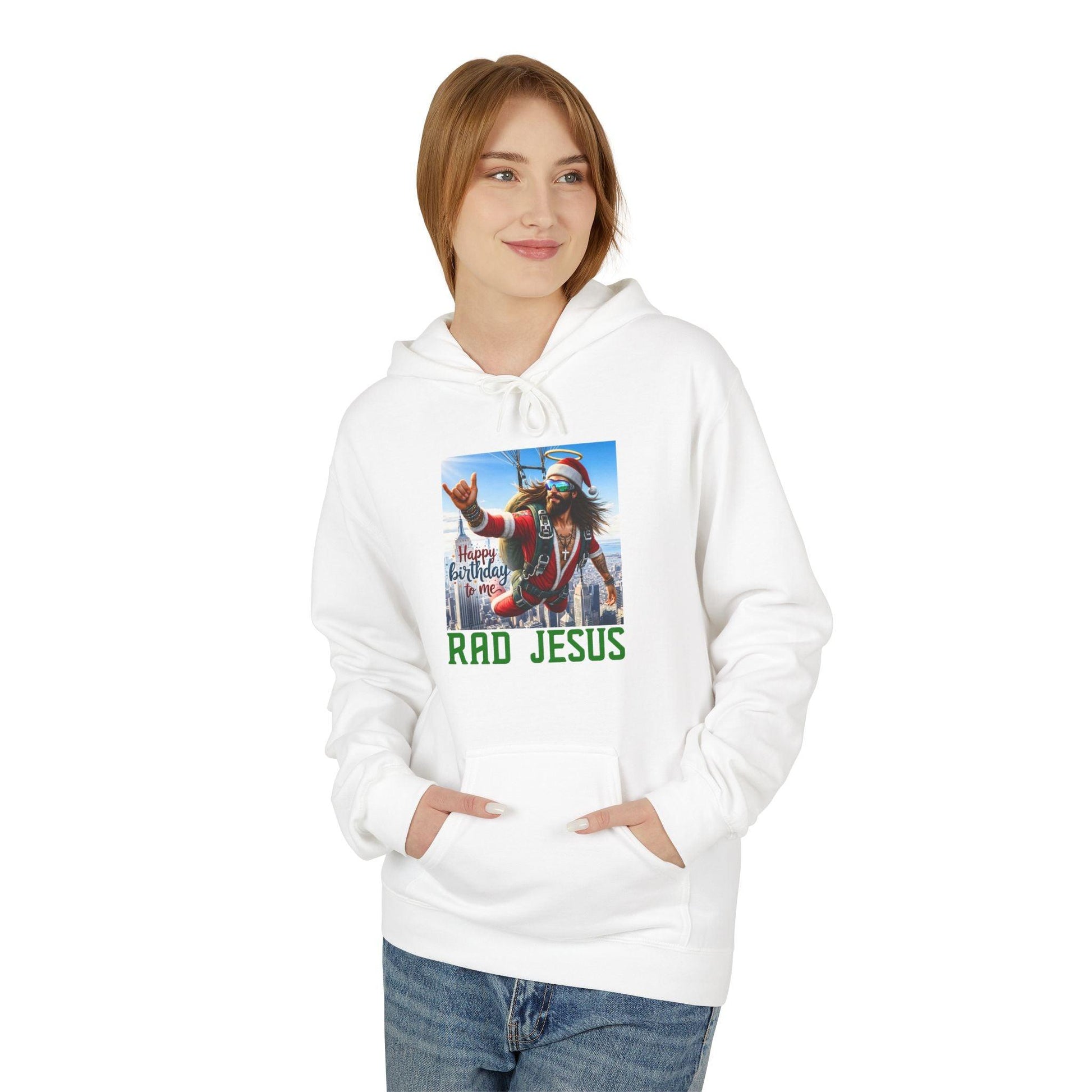 front of woman wearing white air jesus hoodie