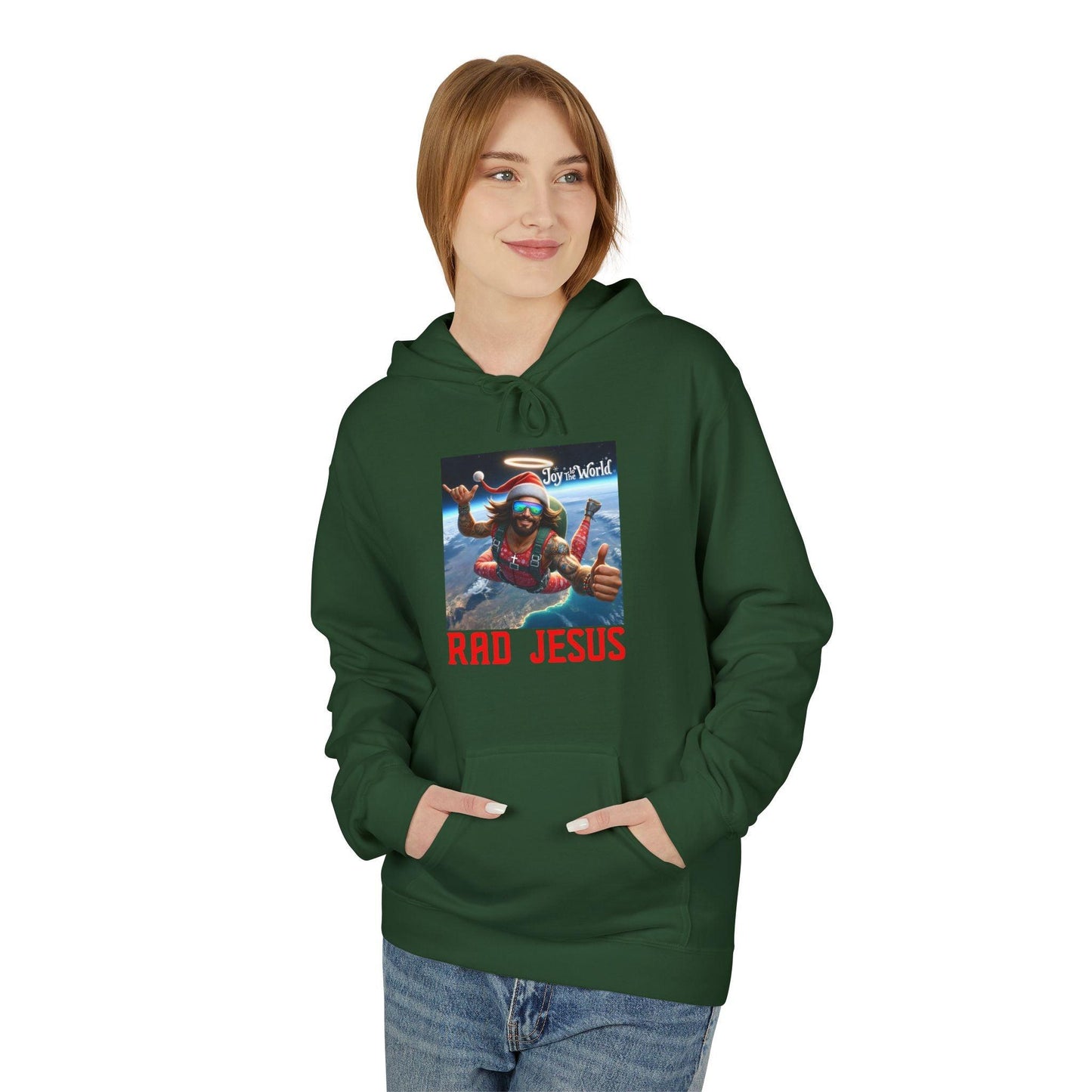 front of woman wearing evergreen joy to the world hoodie