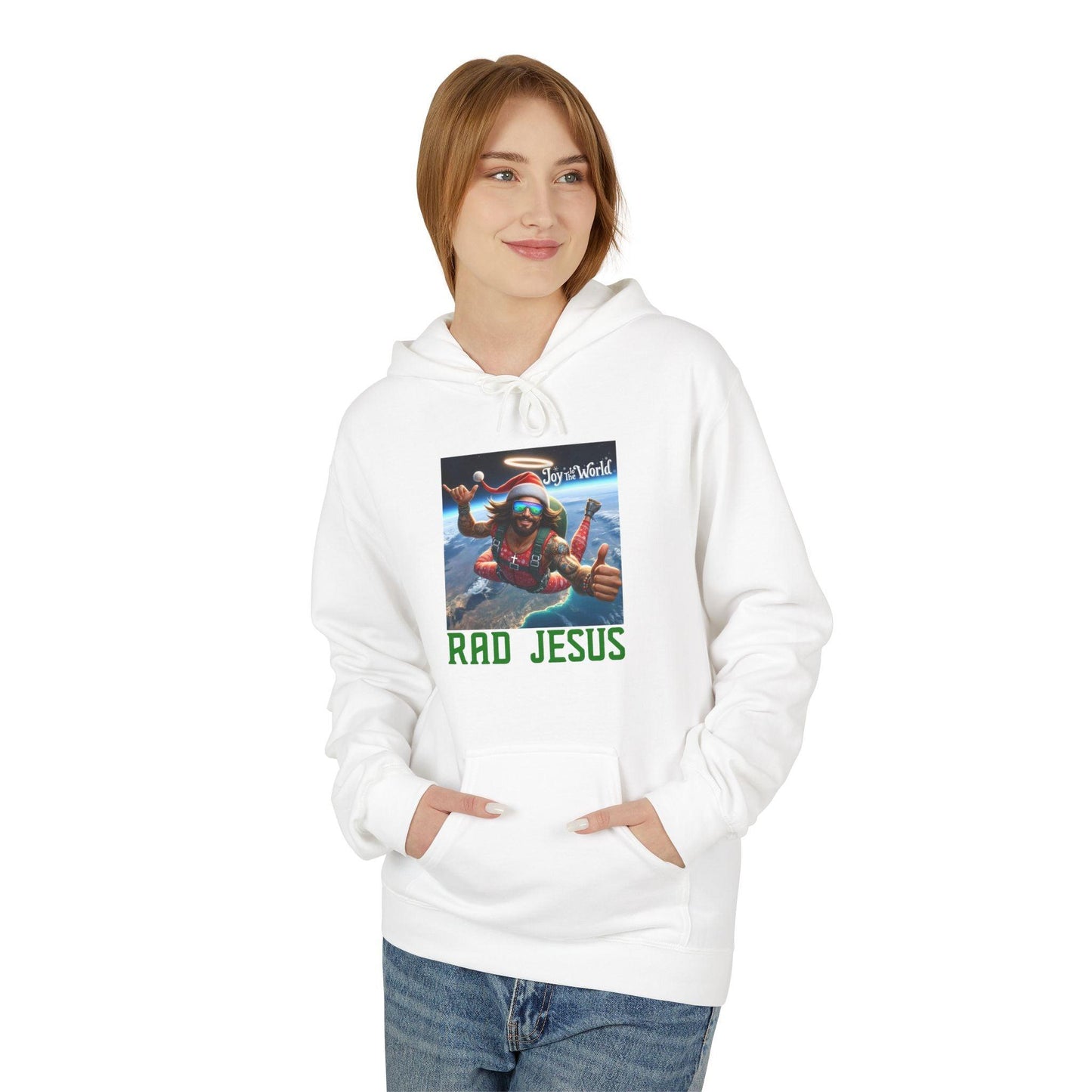 front of woman wearing white joy to the world hoodie