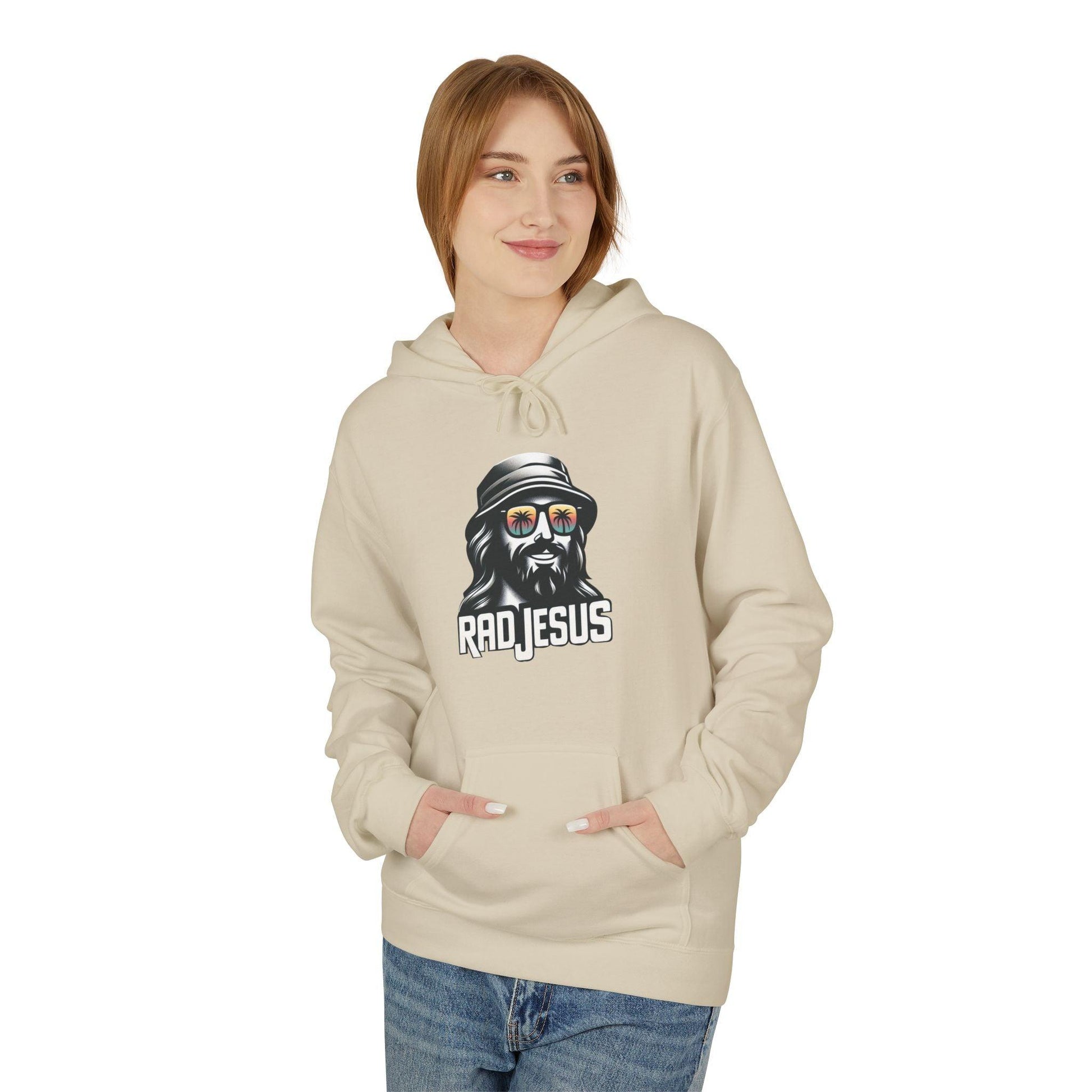 front of woman wearing creme graphic hoodie