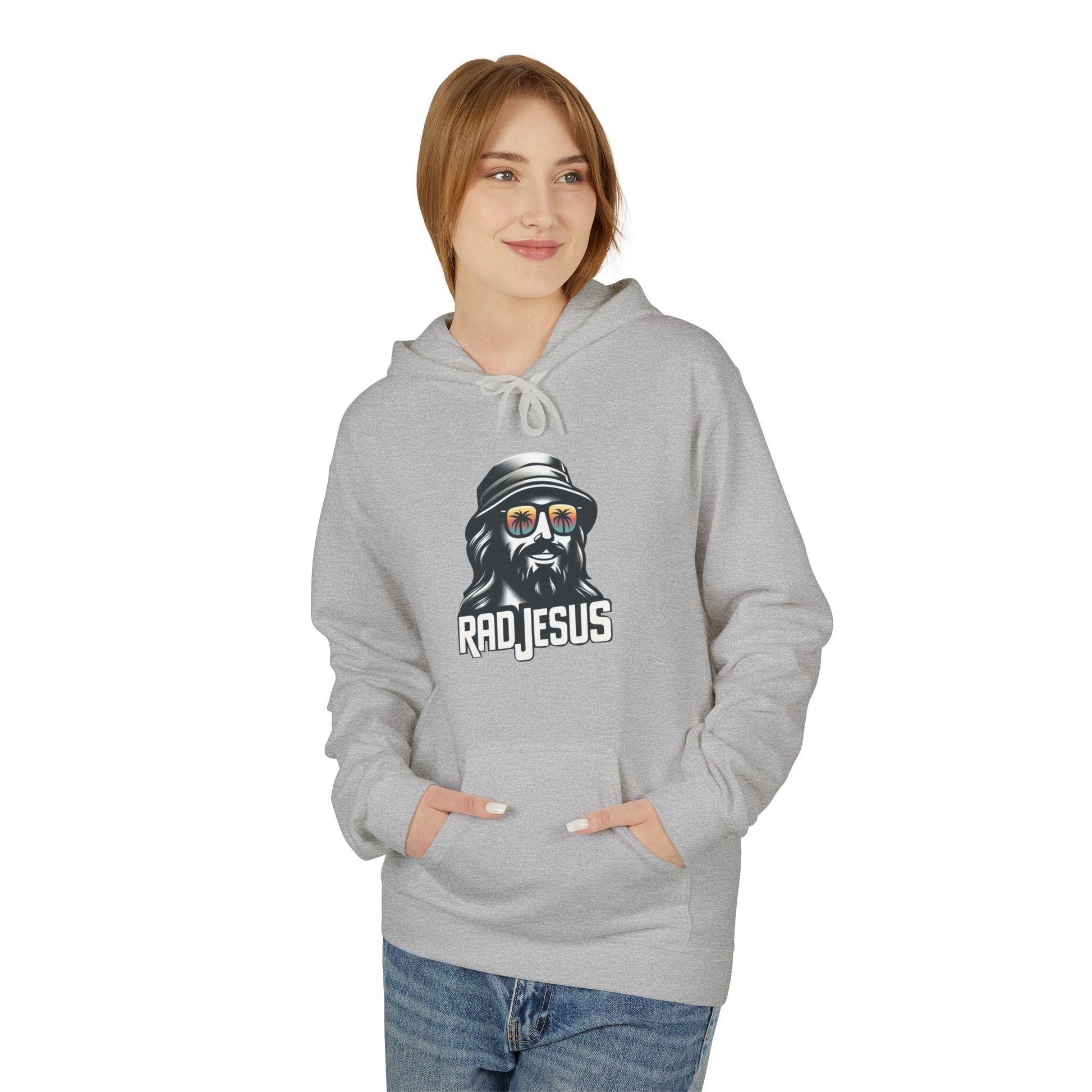 front of woman wearing light grey graphic hoodie