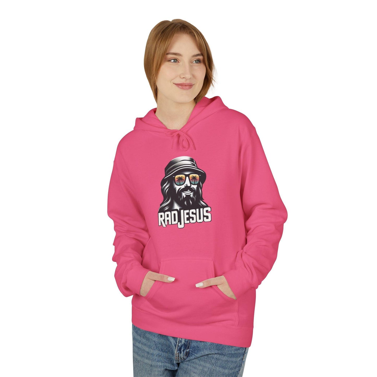 front of woman wearing pink graphic hoodie