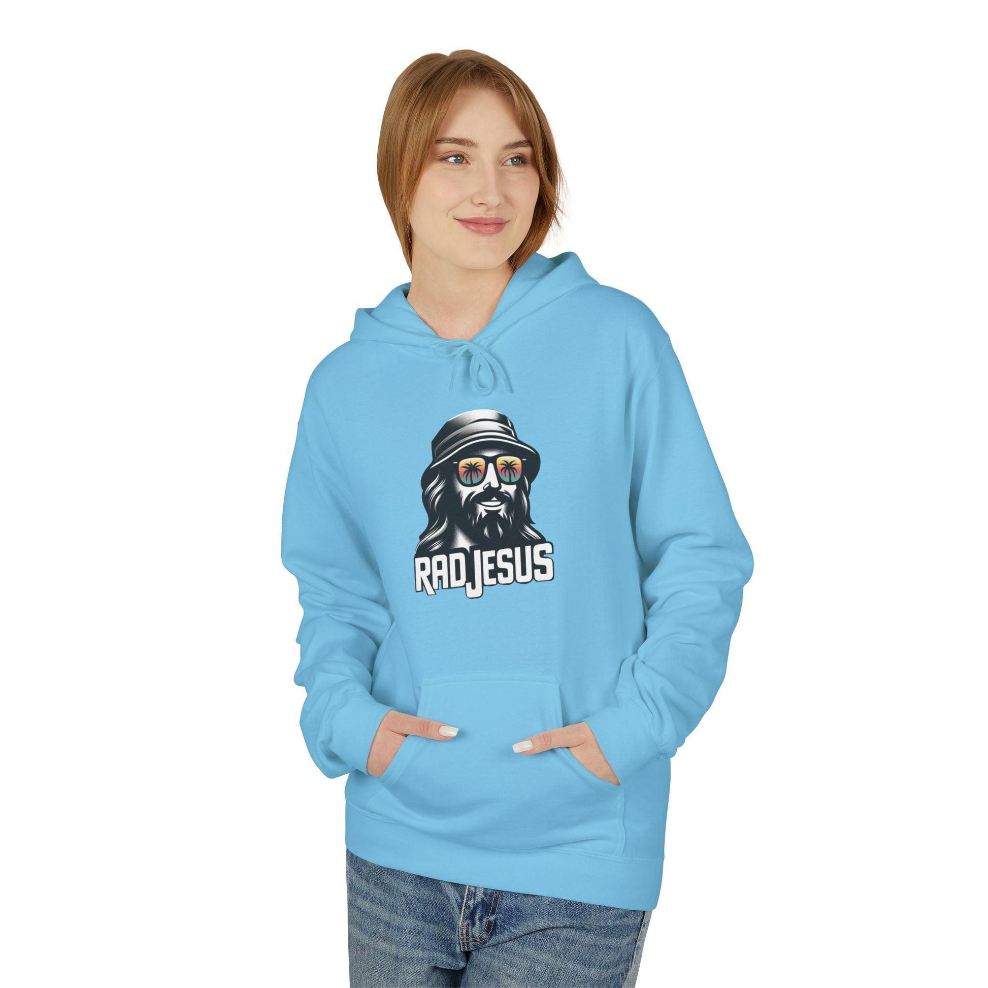 front of woman wearing sky blue graphic hoodie