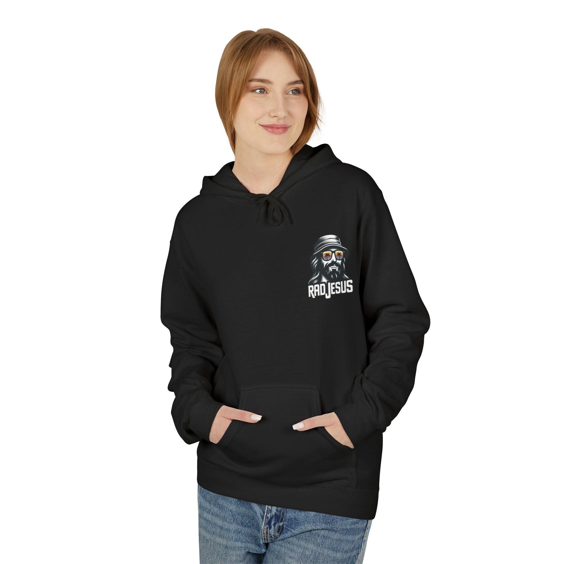 front of woman wearing black left pocket print hoodie