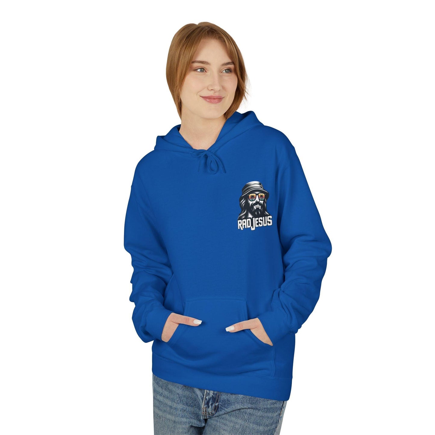 front of woman wearing blue left pocket print hoodie