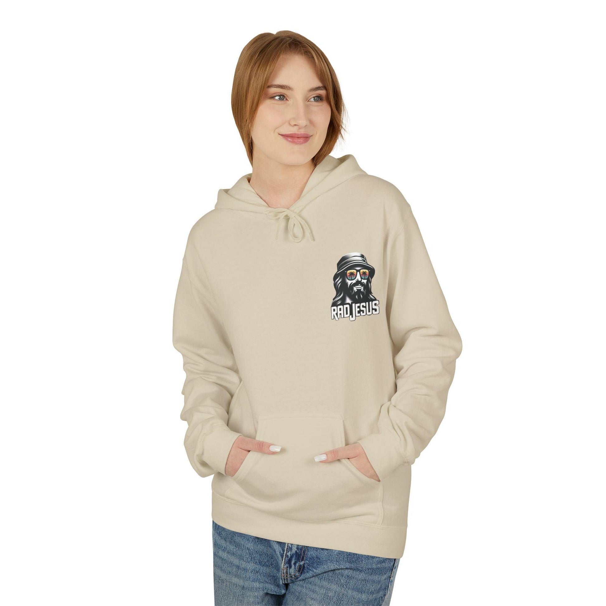 front of woman wearing creme left pocket print hoodie