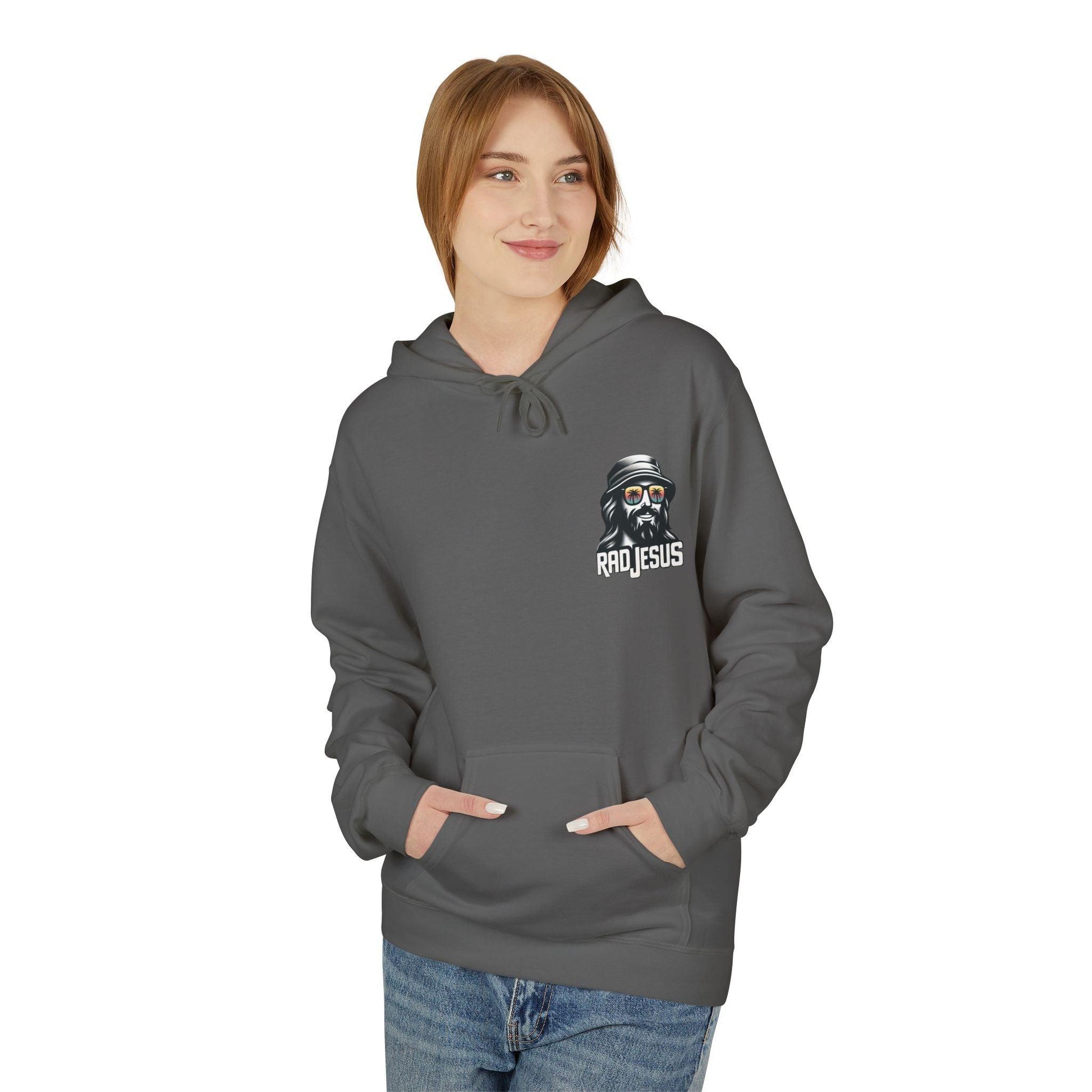 front of woman wearing grey left pocket print hoodie