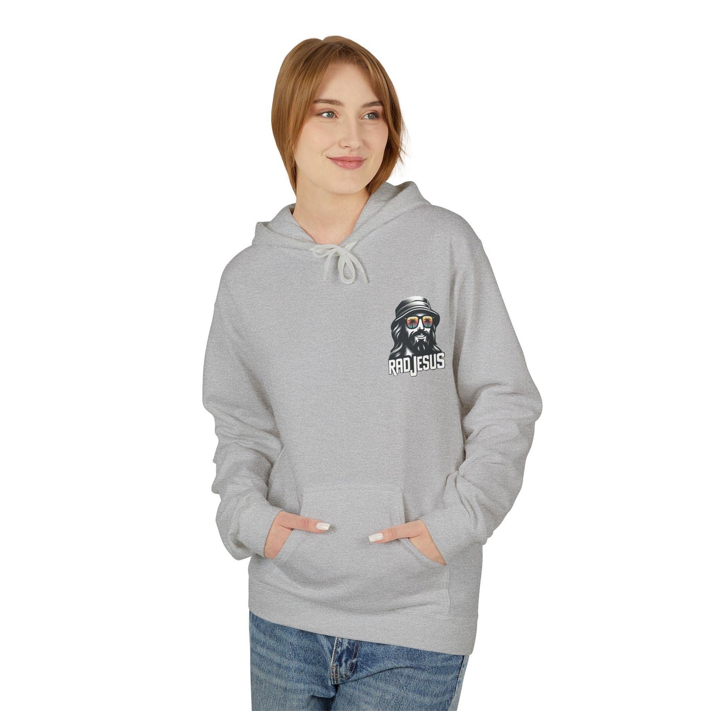 front of woman wearing light grey left pocket print hoodie