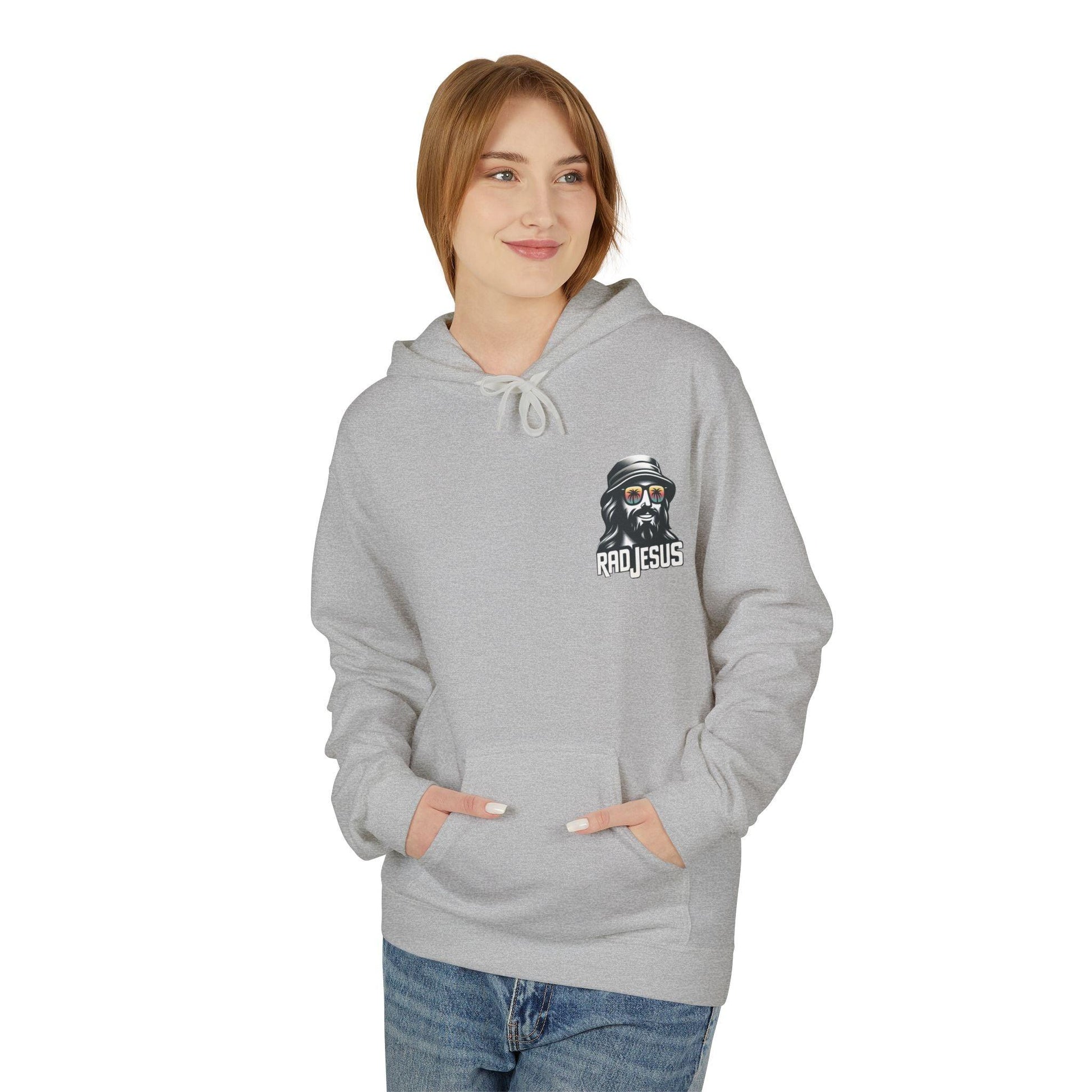 front of woman wearing light grey left pocket print hoodie