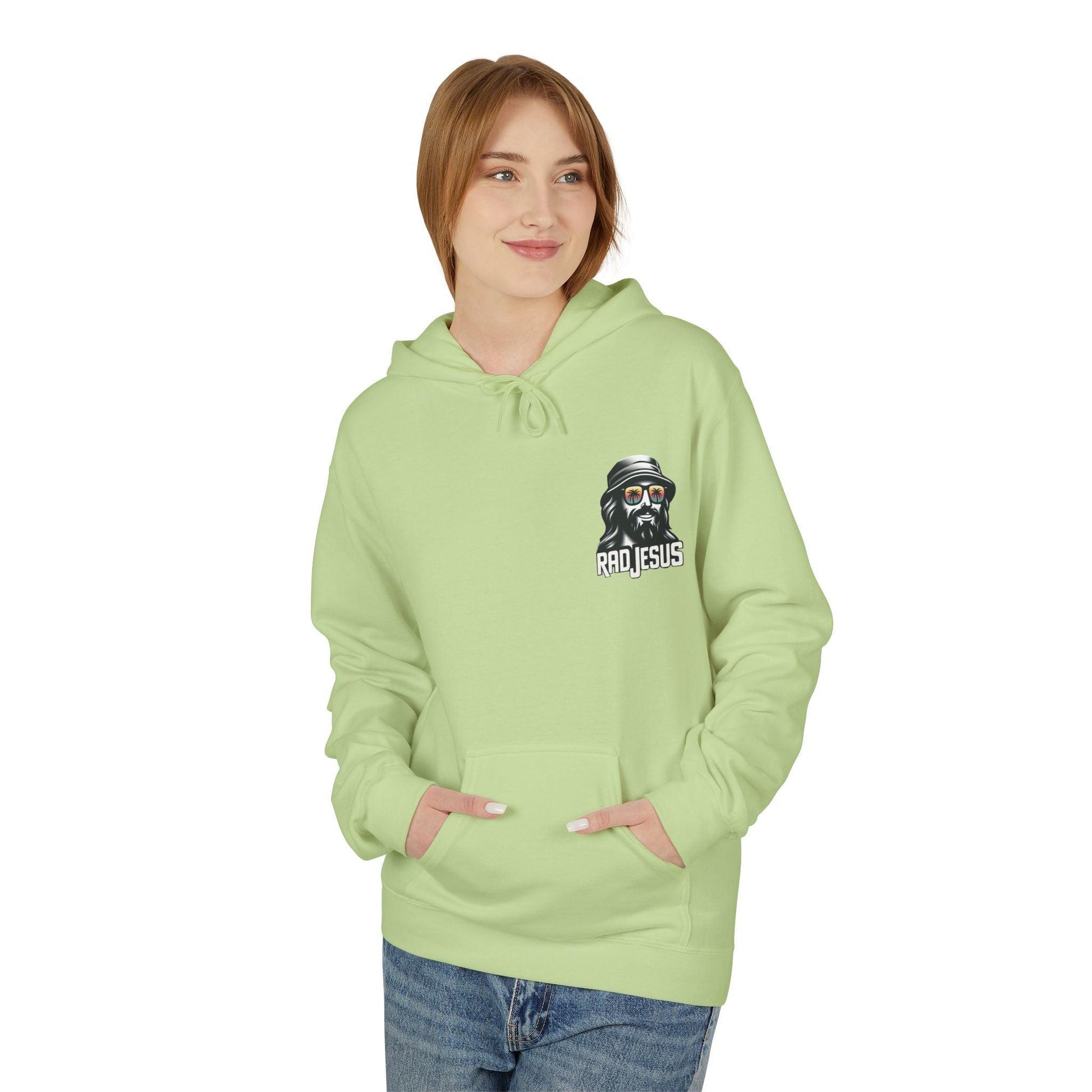 front of woman wearing lime green left pocket print hoodie
