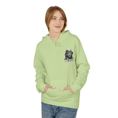 front of woman wearing lime green left pocket print hoodie