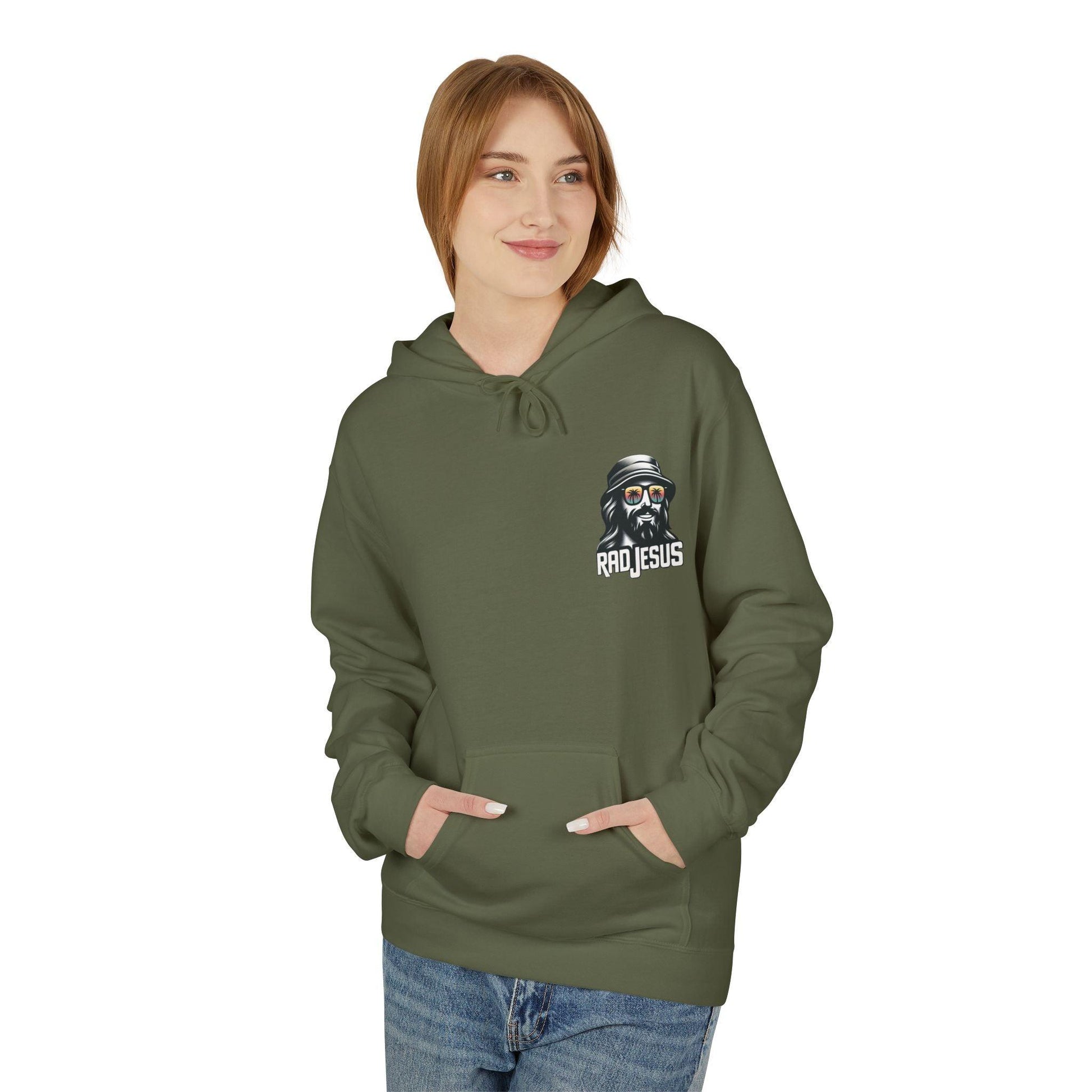 front of woman wearing olive green left pocket print hoodie