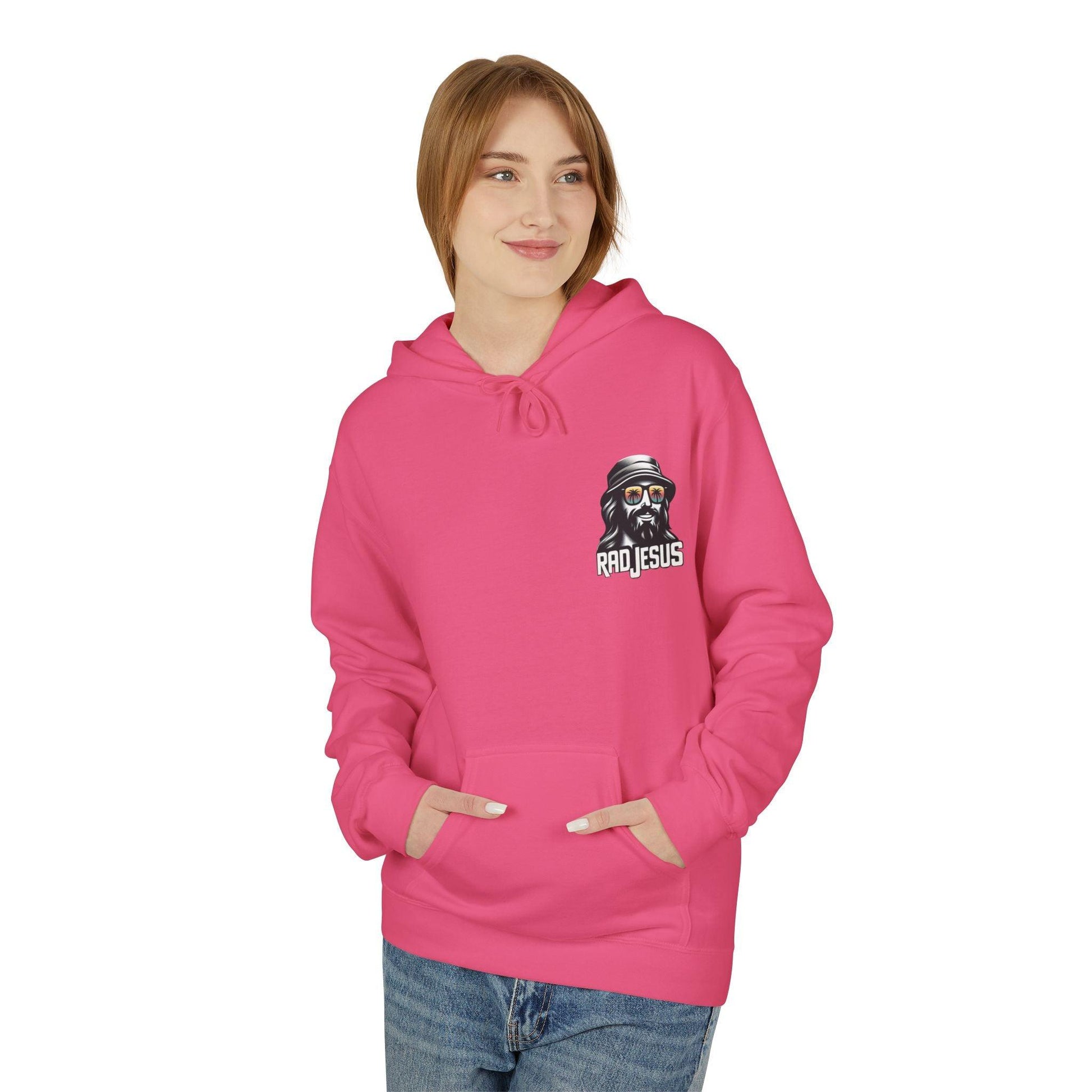 front of woman wearing pink left pocket print hoodie
