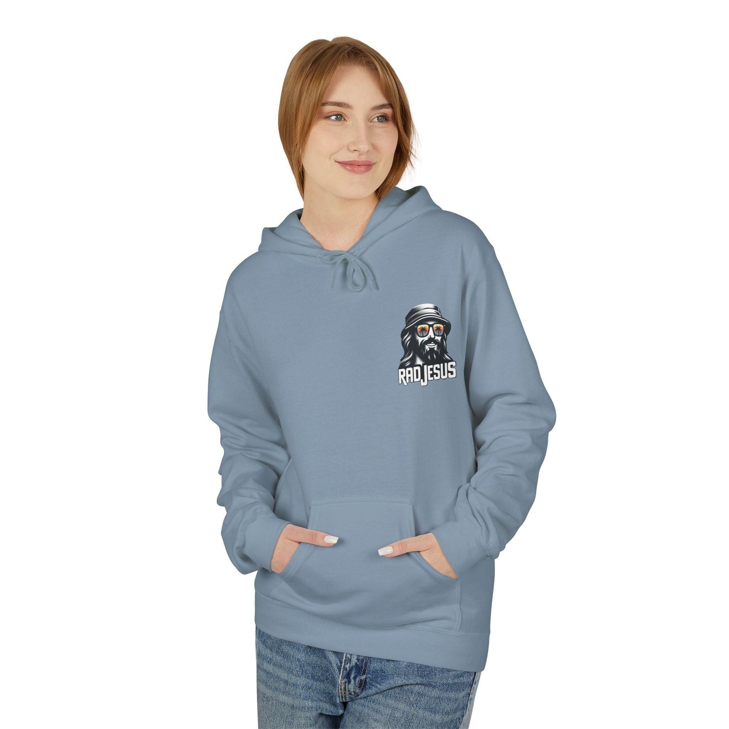front of woman wearing regent gray left pocket print hoodie