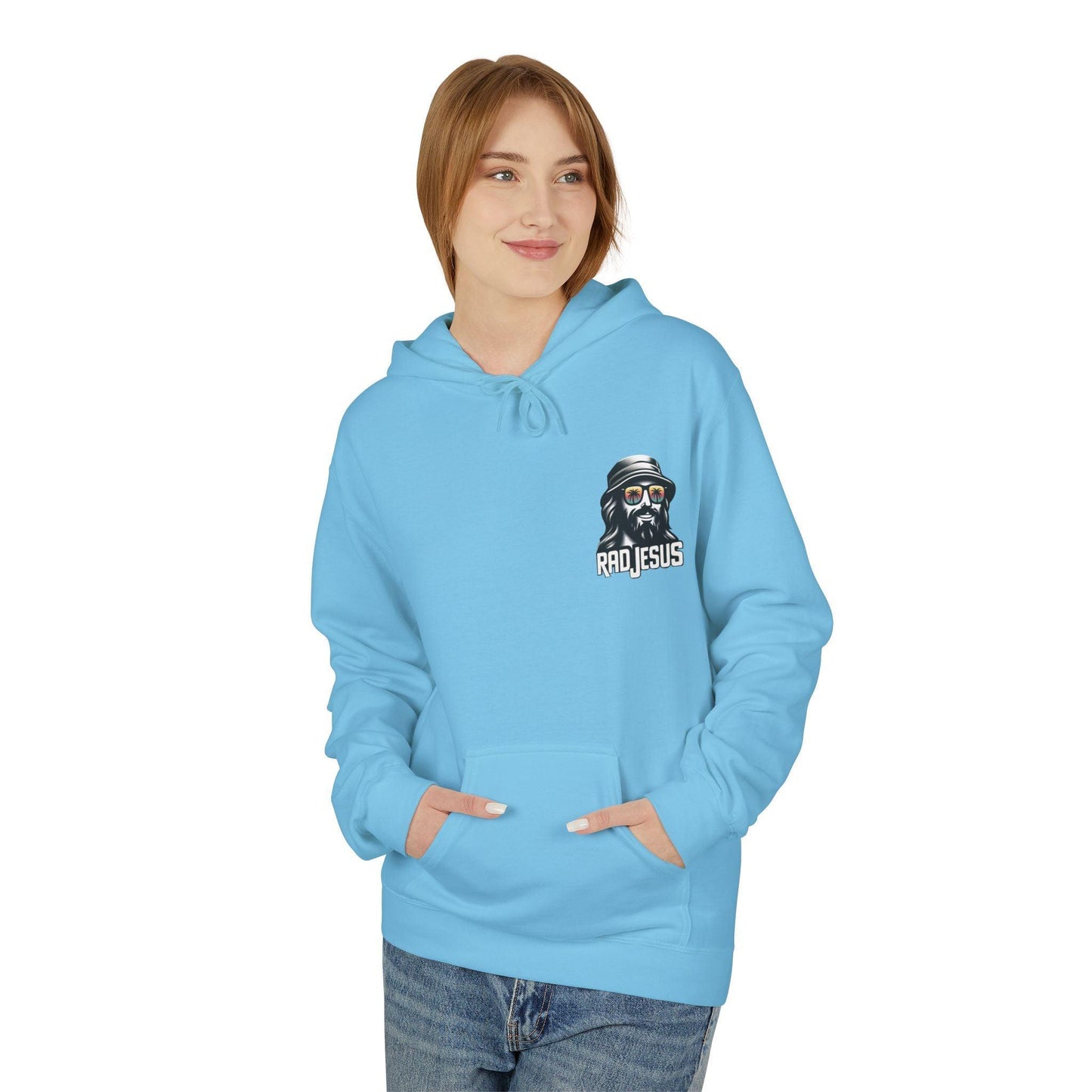 front of woman wearing sky blue left pocket print hoodie
