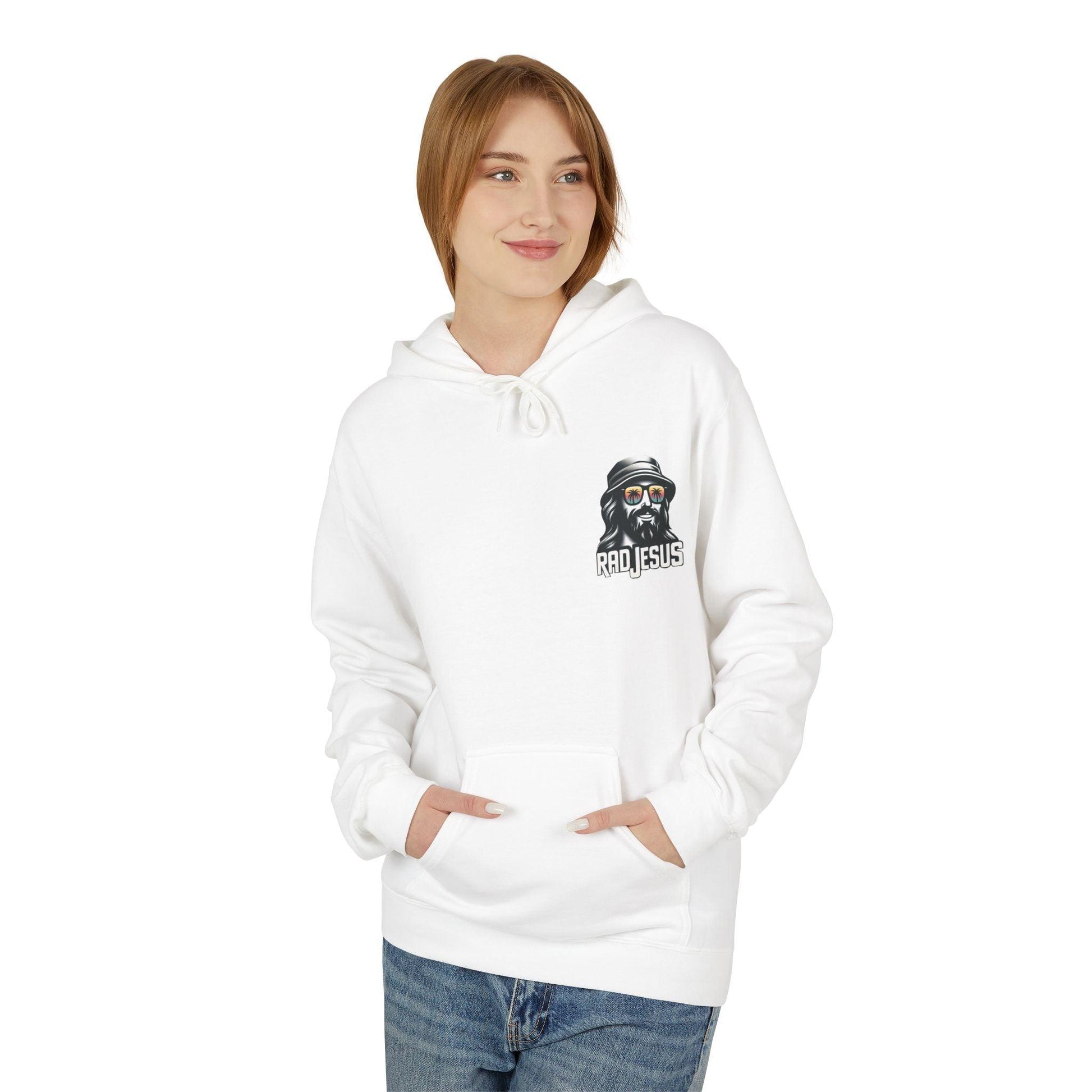 front of woman wearing white left pocket print hoodie