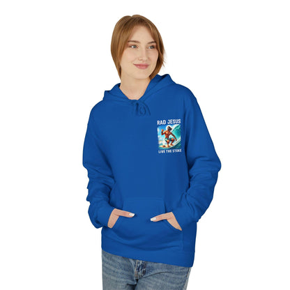 front of woman wearing blue pocket print surfer hoodie