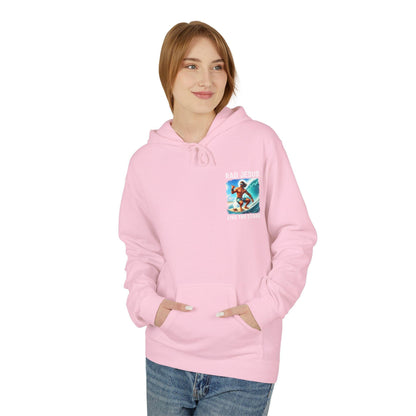 front of woman wearing pink pocket print surfer hoodie