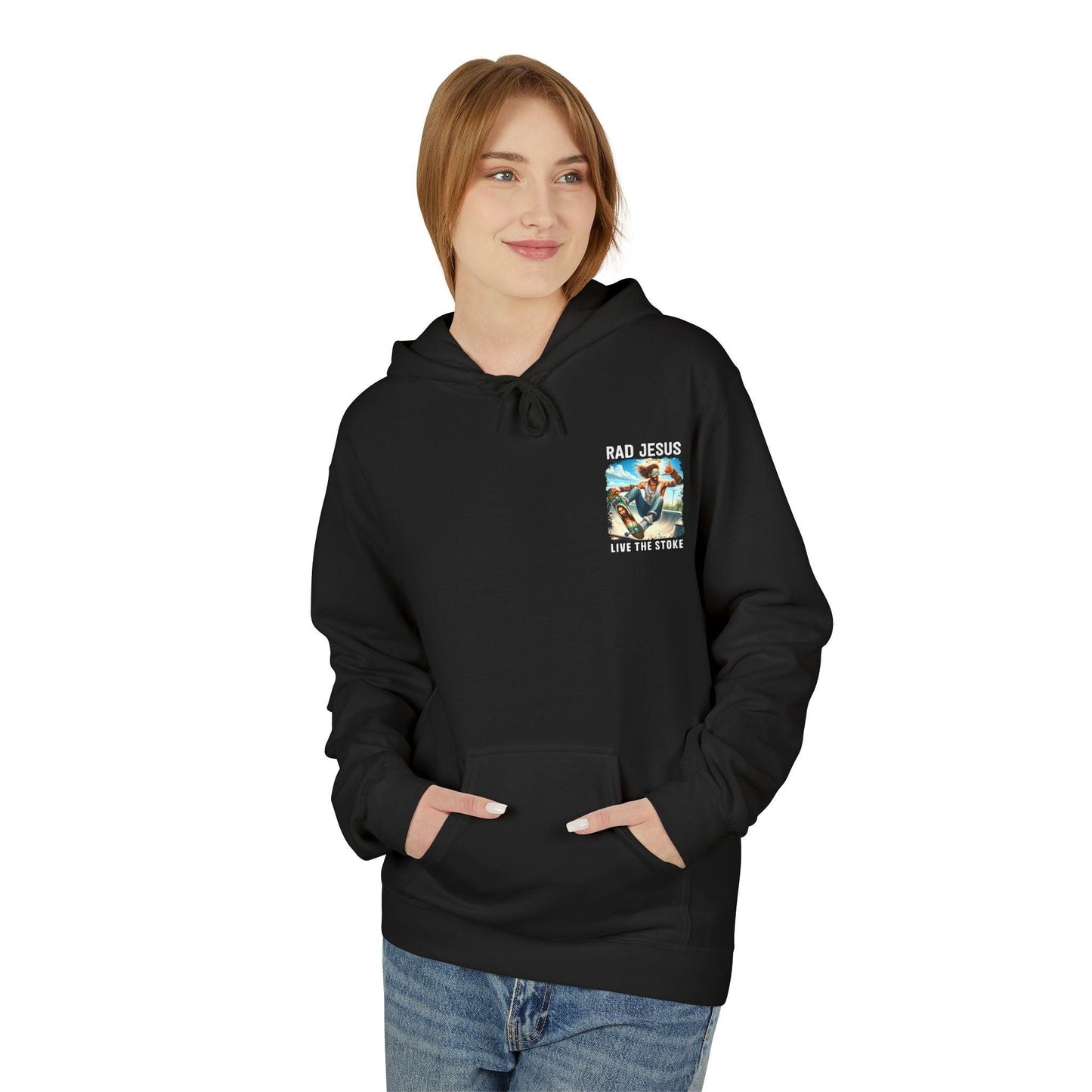 front of woman wearing black pocket print hoodie 